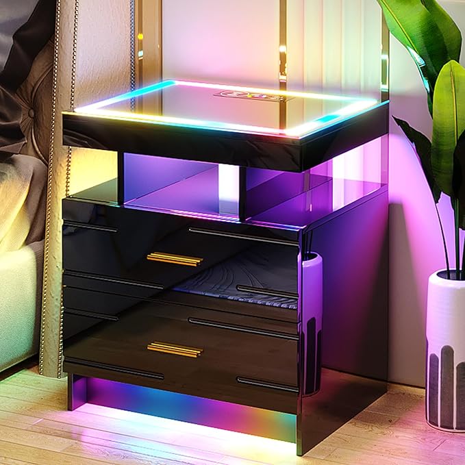 HNEBC RGB Nightstand with Wireless Charging Station, LED Night Stand with