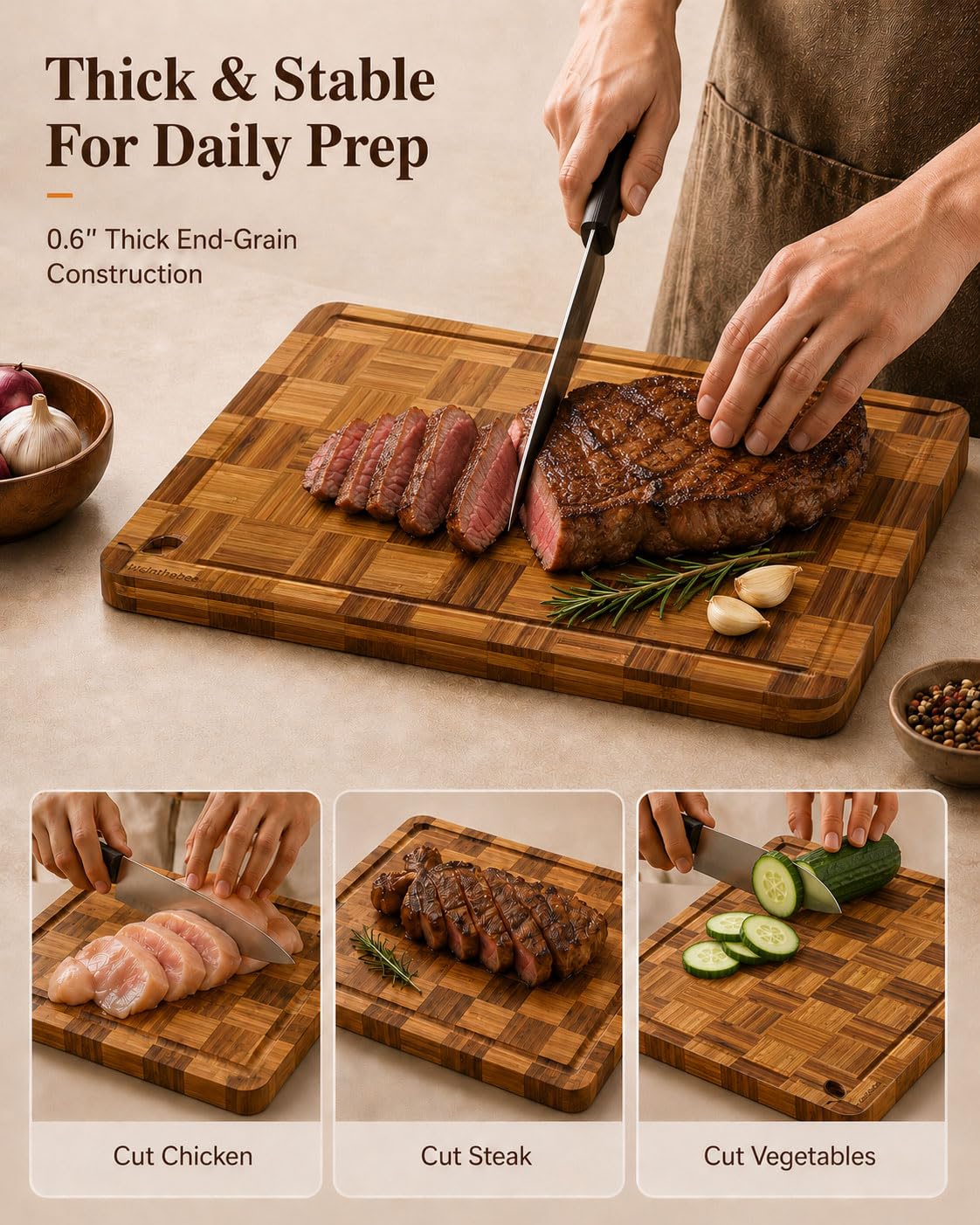 Checkered Cutting Board Set with Holder, Set of 3 Butcher Block End Grain Chopping Boards for Kitchen, Decorative Wooden Boards with Stand for Serving, Charcuterie, Meat, Fruit and Meal Prep
