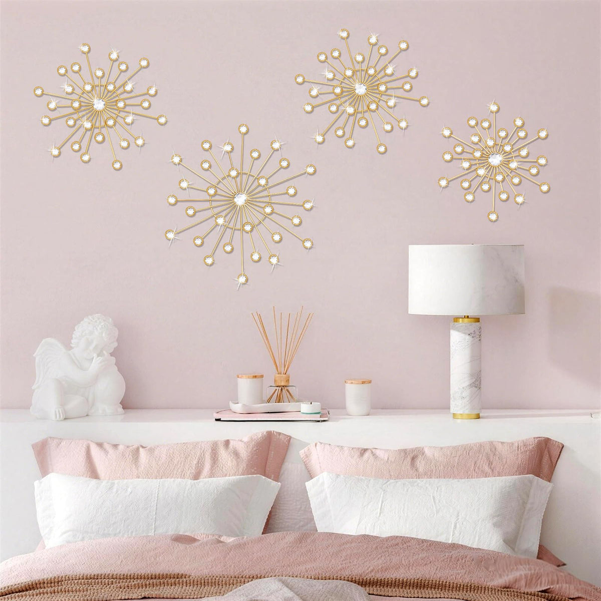 EVERJOYCRAFT 4pcs Sunburst Metal Wall Art Decor Bling Crystal Wall Decorations Starburst Home Decor Modern Accent Sculptures Hanging Pendants for Living Room Bedroom Entryway Office (Gold)
