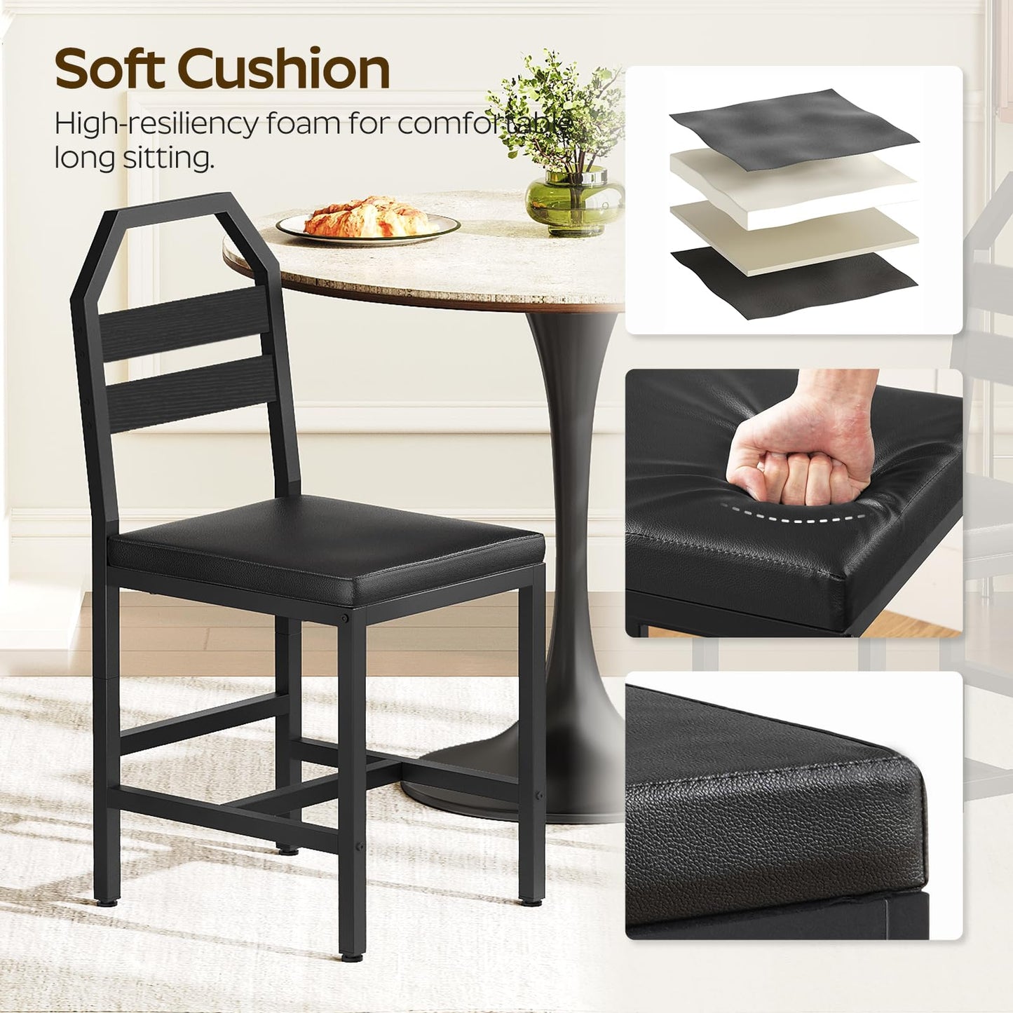 YATINEY Dining Chairs, Kitchen Chairs with Back Support, Upholstered Seat and Metal Legs, for Kitchen, Living Room, Black CY02L4BB