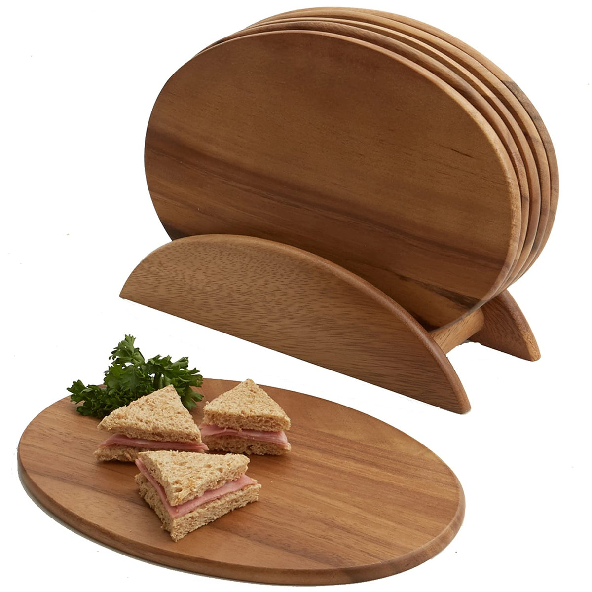 Woodard & Charles 6 Acacia Wood Serving Boards with Stand, Perfect for Serving, Sushi, Cheese, Hors d'oeuvre, Charcuterie, Sandwiches, 7 Piece Set, 9 1/2" x 6 1/2"