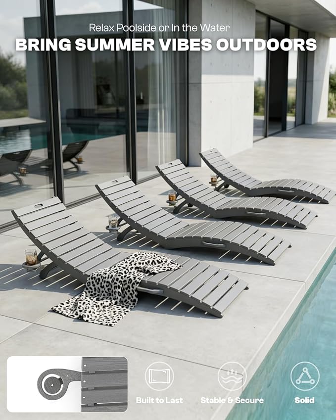 Folding HDPE Pool Lounge Chairs Set of 6, Pre-Assembled Outdoor Chaise Lounge