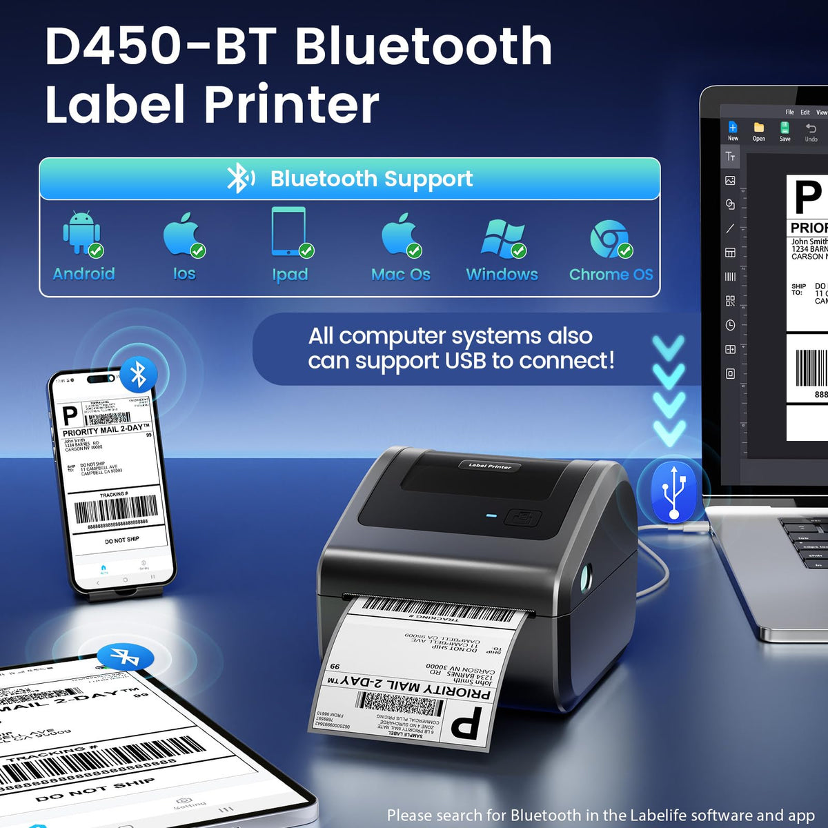 Omezizy Bluetooth Shipping Label Printer 4x6, D450BT Thermal Label Printer for Shipping Packages, Thermal Printers for Small Business, Compatible with Android, iPhone, Windows, macOS, Tiktok, UPS
