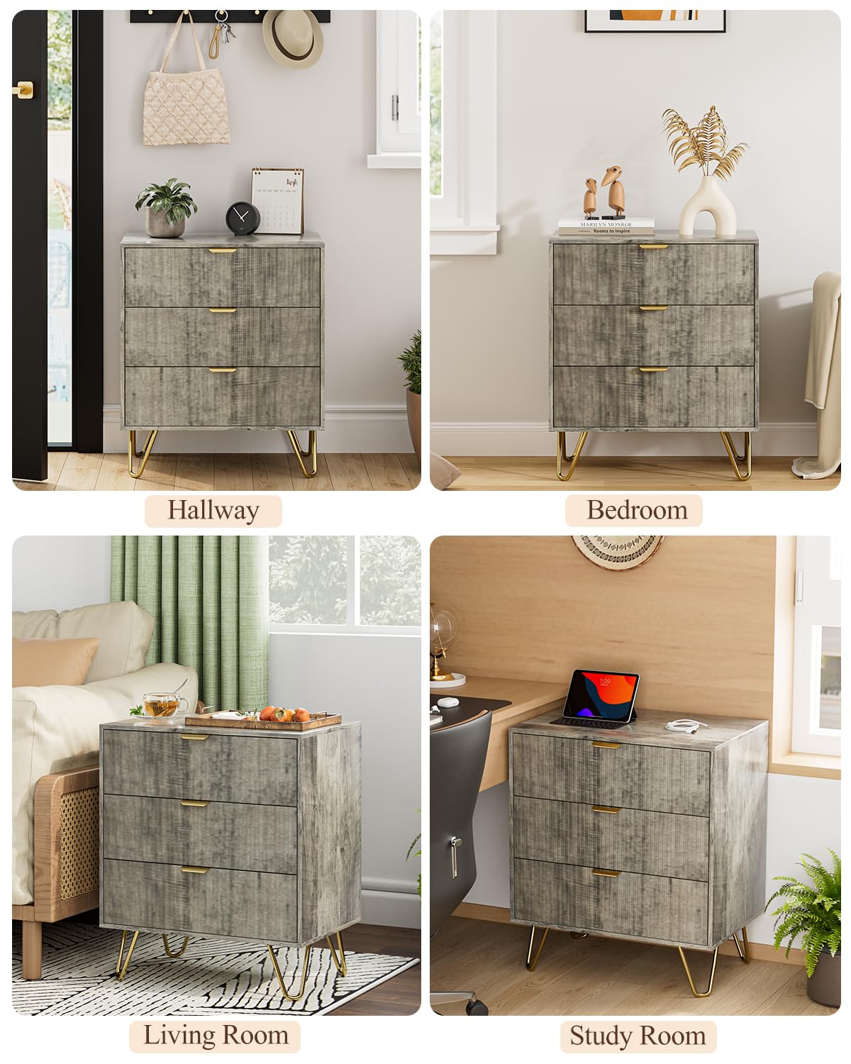 AEPOALUA Grey Dresser for Bedroom, Modern Fluted 3 Drawer Dresser with Storage, Dresser Chest of Drawers with Gold Handles for Bedroom, Living Room, Closet, Hallway, 15.8" D x 23.6" W x 27.6" H