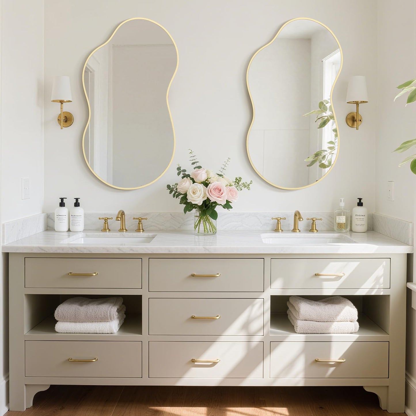 HOMECOOKIN 36" H x 20" W Irregular Wall Mirror, Asymmetrical Decorative Mirror with Gold Aluminum Frame, Wavy Abstract Gold Mirror, for Living Room, Bedroom, Bathroom, Entryway, Cloakroom