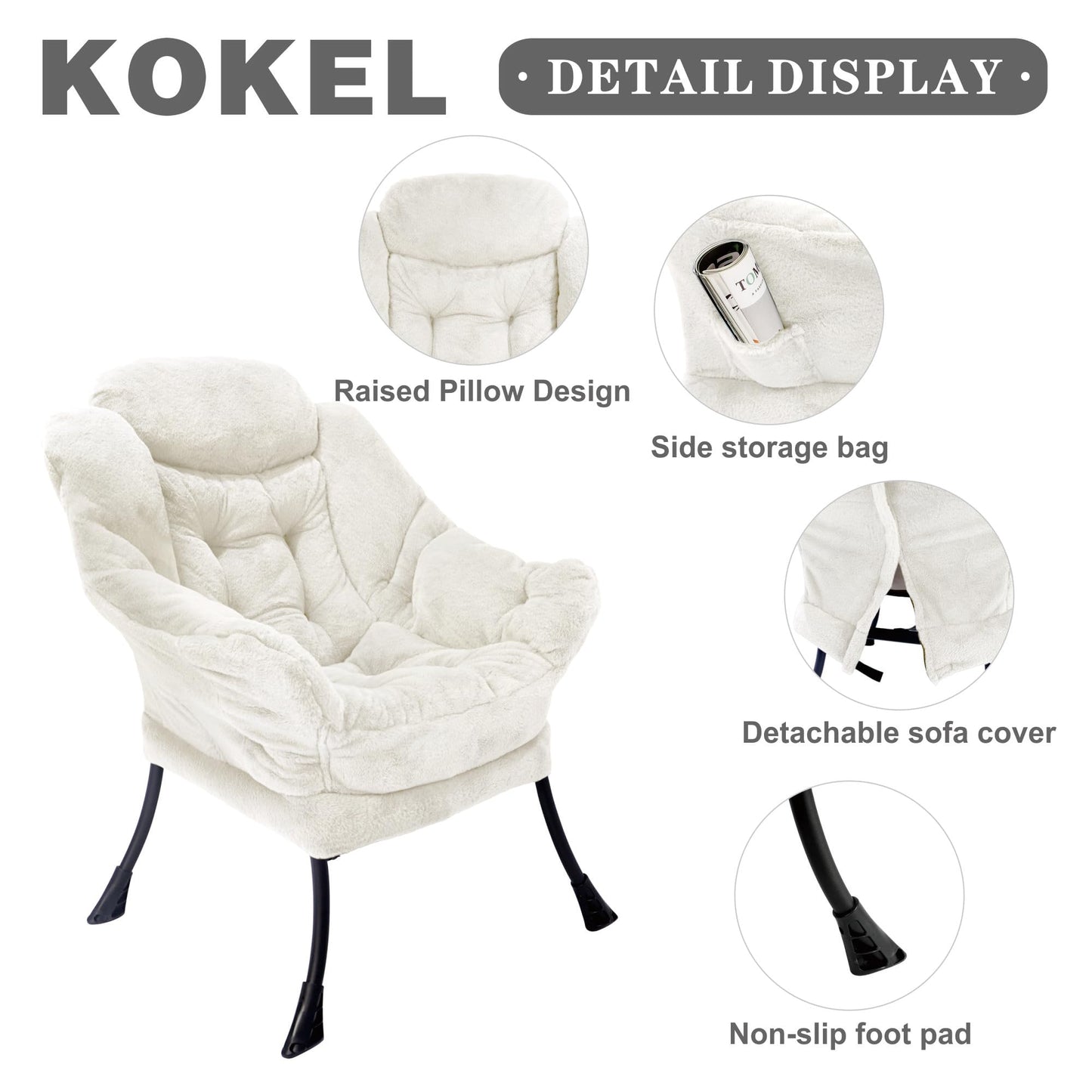 Kokel Lazy Chair with Folding Ottoman,Living Room Chairs, Accent Contemporary Lounge Chair, Single Steel Frame Leisure Sofa Chair with Armrests and A Side Pocket (TM3WHITE)