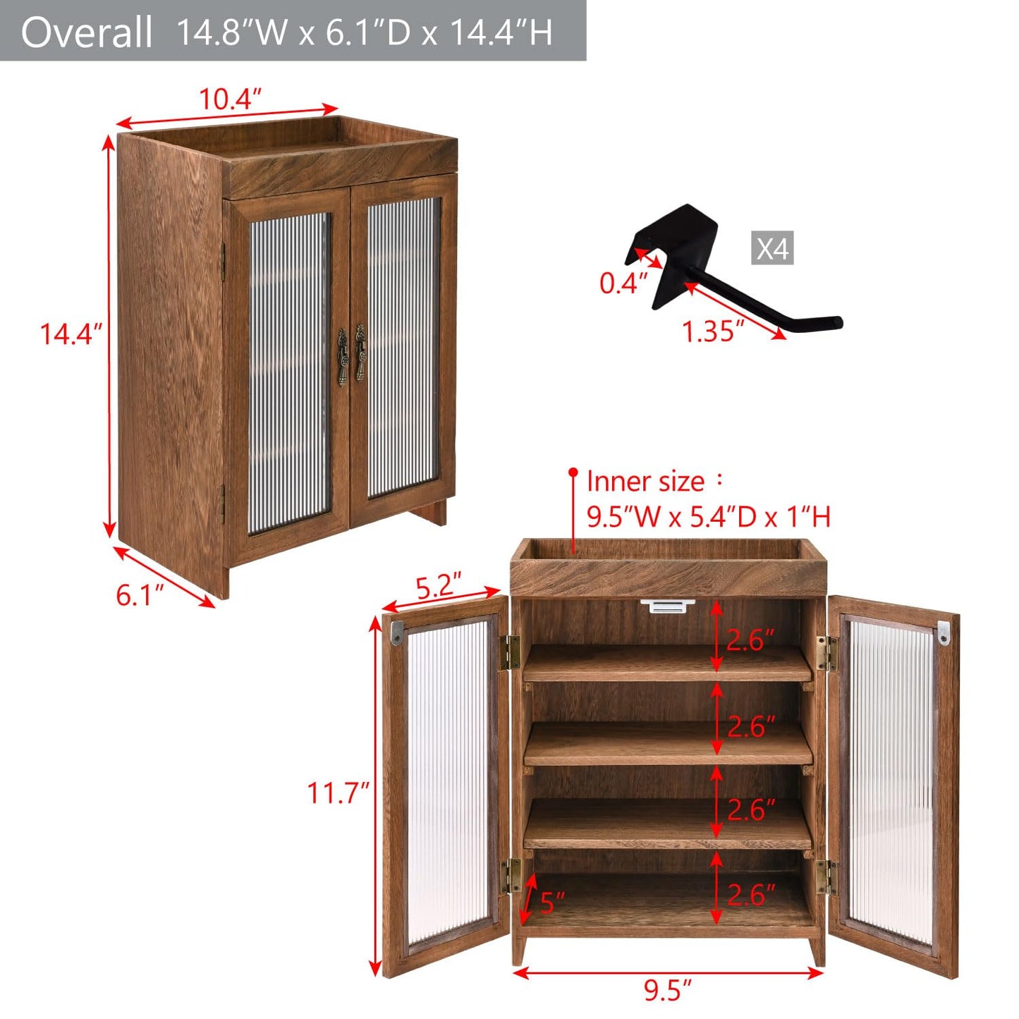 Ikee Design Wooden Countertop Storage Cabinet with Wavy Magnetic Door, Adjustable Shelves, Removable Hooks. Perfect for Perfume, Figurines, and Coffee Cups, Brown Color, 10.4 W x 6.1 D x 14.4 H in