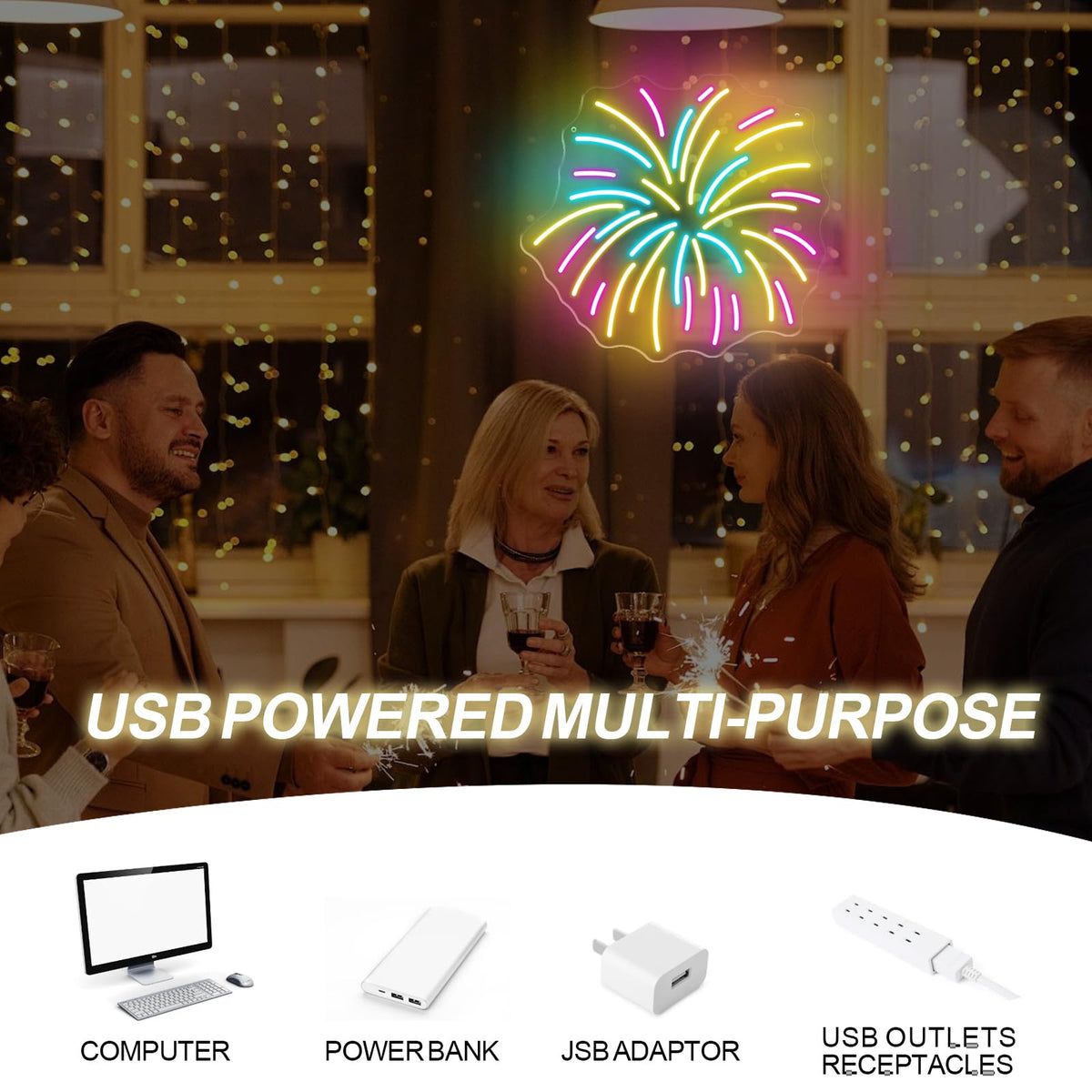 Fireworks Neon Sign 13.8x12.8in LED Wall Light USB Powered Decorative Sign for New Year Party Holiday Celebration Bedroom Living Room Wedding Party Decor