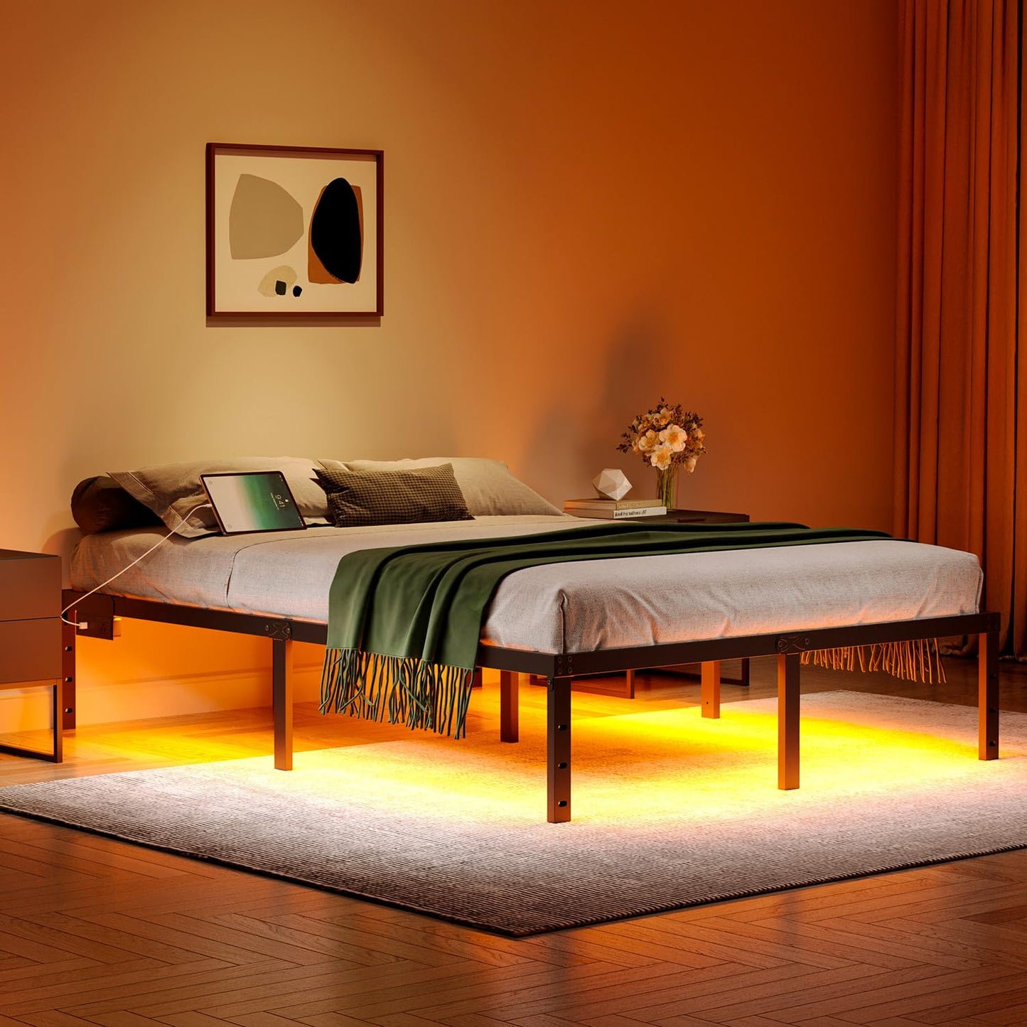 HAVONIZD Full Size Bed Frame with LED Lights & Charging Station - 14 Inch Heavy Duty Metal Platform Bed Frame No Box Spring Needed, Easy Assembly, No Noise