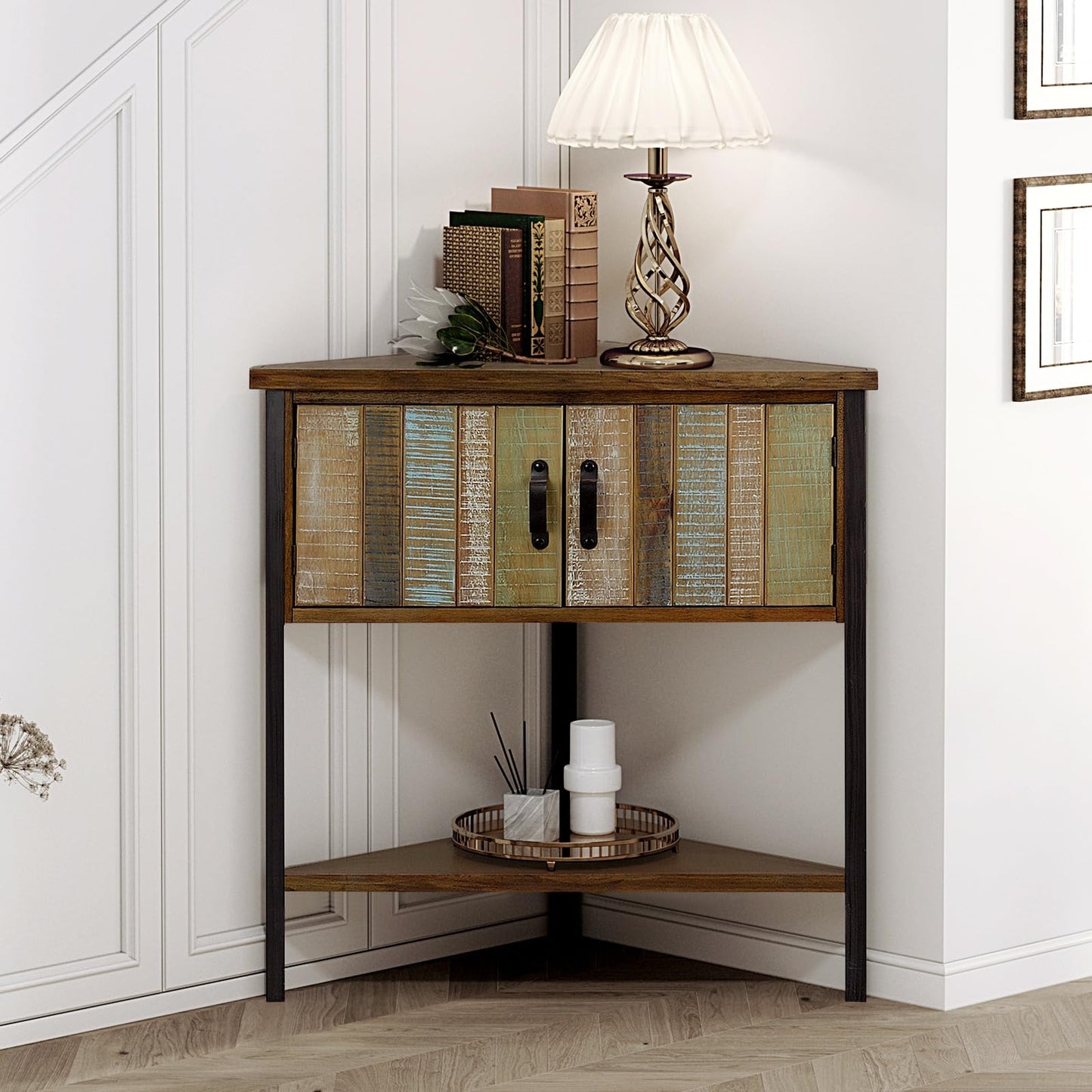 Giofanzo Solid Wood Corner Cabinet with Storage - Entryway Cabinet with Storage, Small Space Solution for Living Room, Apartment, Rustic Cabin Style Accent Table (Natural Blue)