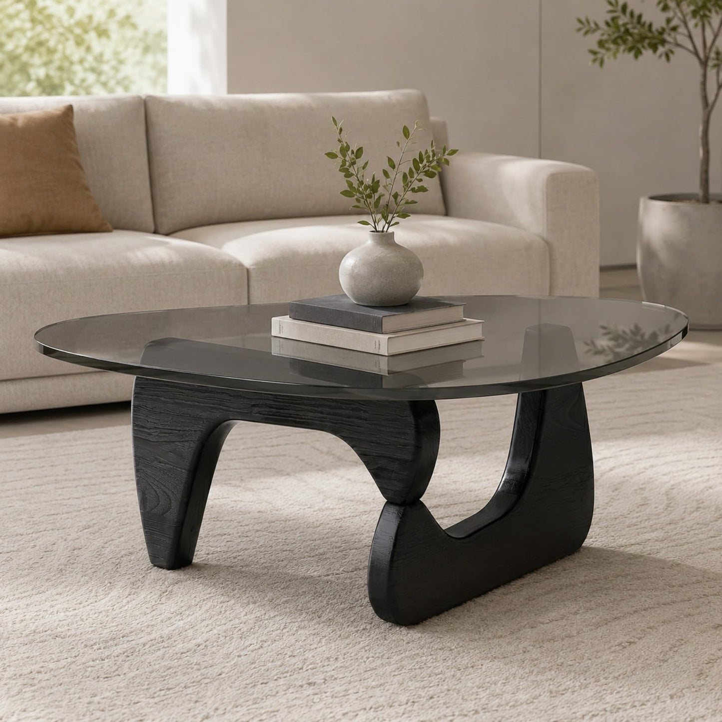 QHRAY Modern Glass Coffee Table, Black Wood Grain Base, Gray Tempered Glass Top, 32" Center Table, Black Coffee Table for Living Room Apartment Office Lounge Reception Bedroom