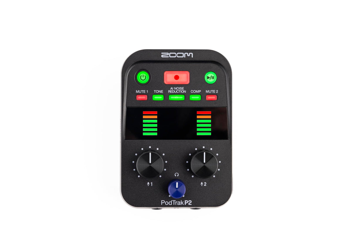 Zoom PodTrak P2 Podcast Recorder, 2 USB Mic Inputs, 2 Headphone Outputs, AI Noise Reduction, Tone & COMP Effects, Remote Guest Recording, SD Card, Battery/USB-C Powered