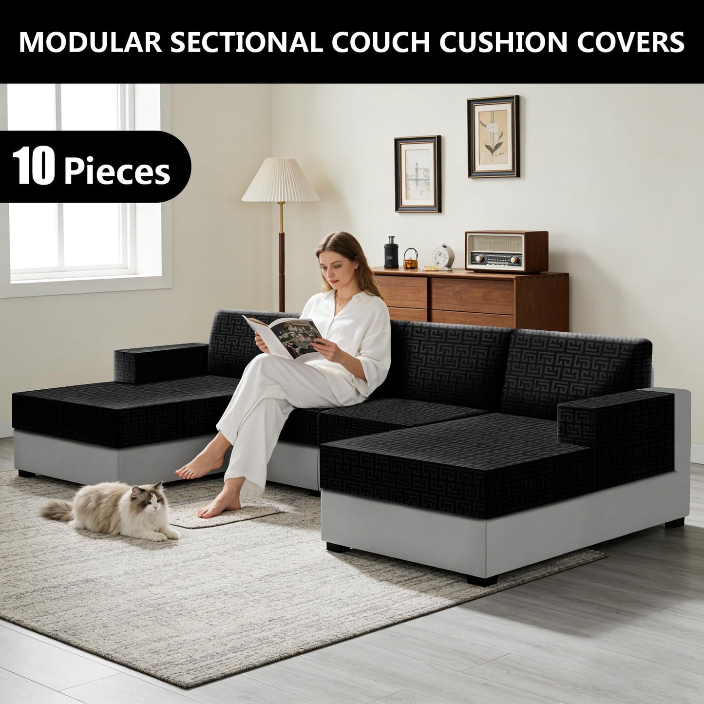 UNBBRRL 10 Pieces Stretch Sofa Cushion Covers for U-Shaped Modular Sectional Couch with 4 Seats+4 Backs+2 Arms, Upholstered Covers for Sofa Bed with Deep Double Chaise (Black,10 Pieces Set)