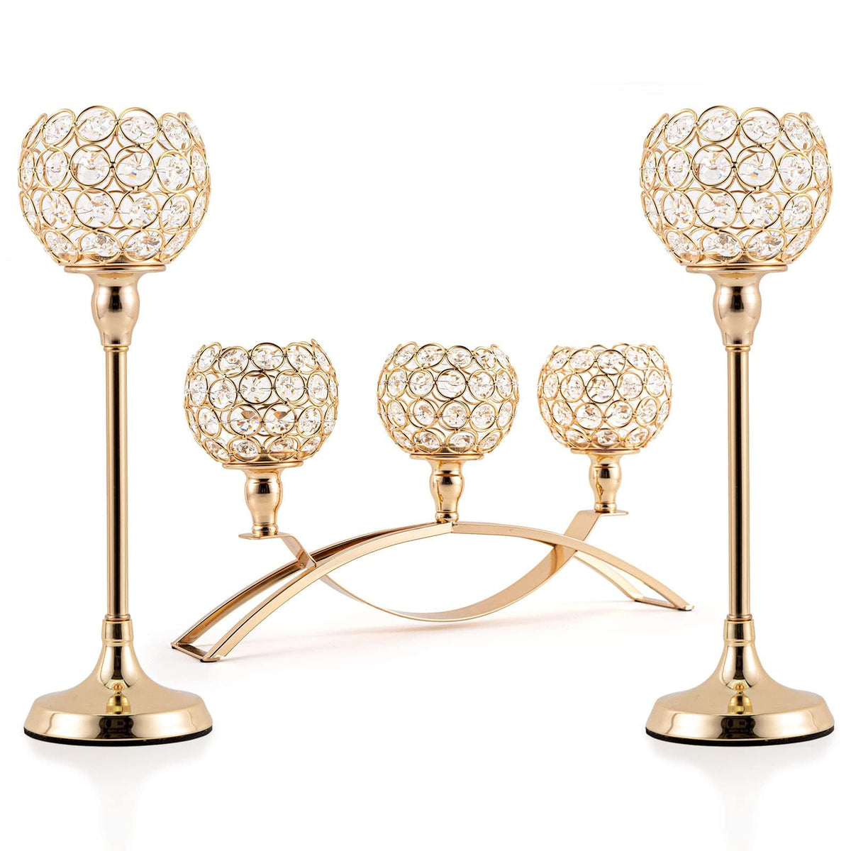 VINCIGANT Set of 3 Gold Candle Holders Wedding Table Centerpieces,Tealight Candlestick Candelabra Stand with 3 Arms for Fireplace Home Living Room Decor,Valentine's Day Housewarming