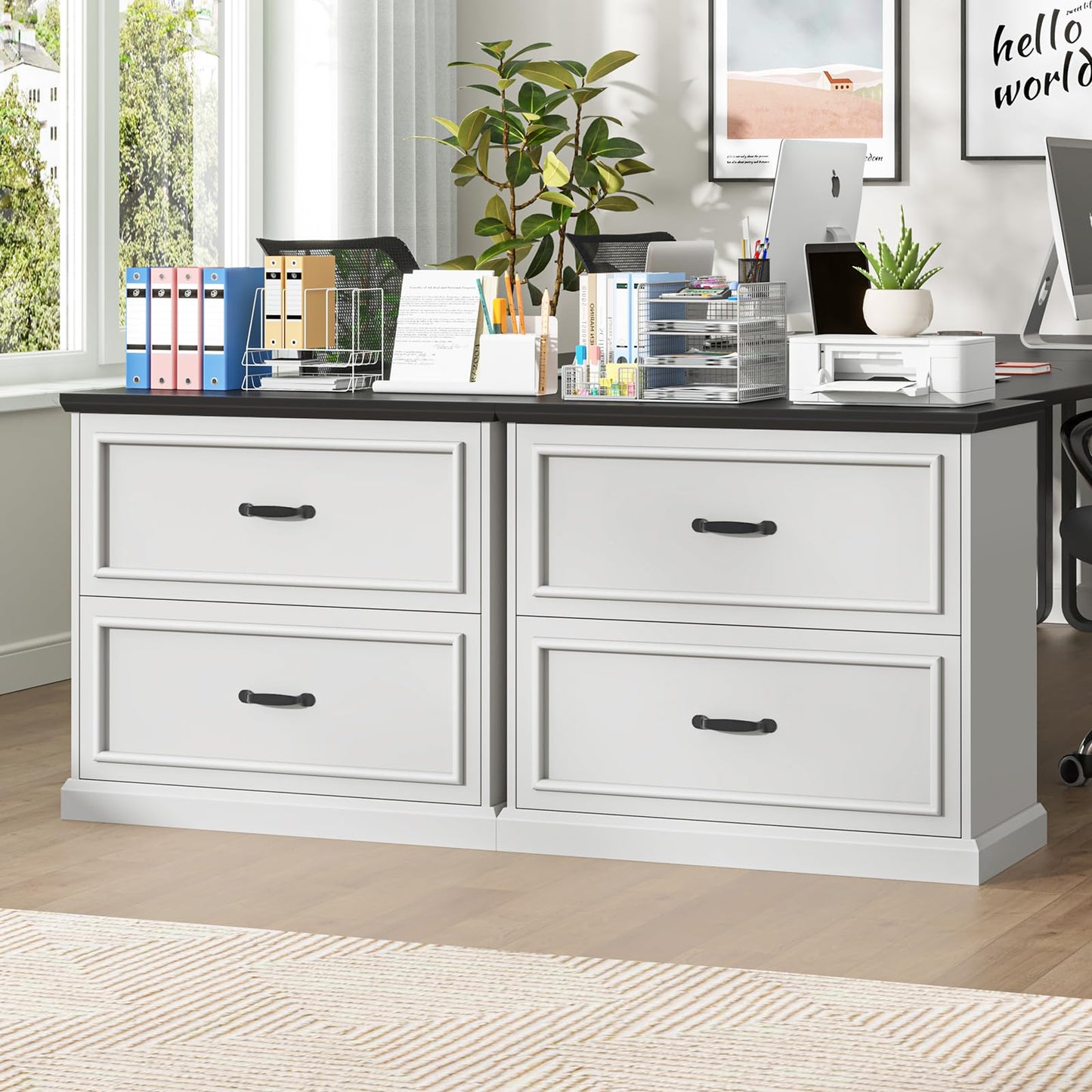 Halitaa 2 Drawer File Cabinet, Farmhouse Lateral Filing Cabinet for Letter/A4/Legal Size Hanging Files, Large Wood File Storage Cabinets Printer Stand for Home Office, White and Black