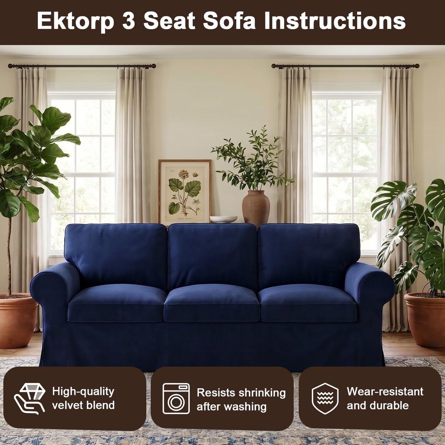 Velvet Pet-Friendly Replacement Sofa Cover Compatible for IKEA Ektorp 3 Seat Sofa Slipcovers, Couch Cover Only, 7-Piece Slipcover, Navy Blue, Couch Cover Not Include The Sofa Body