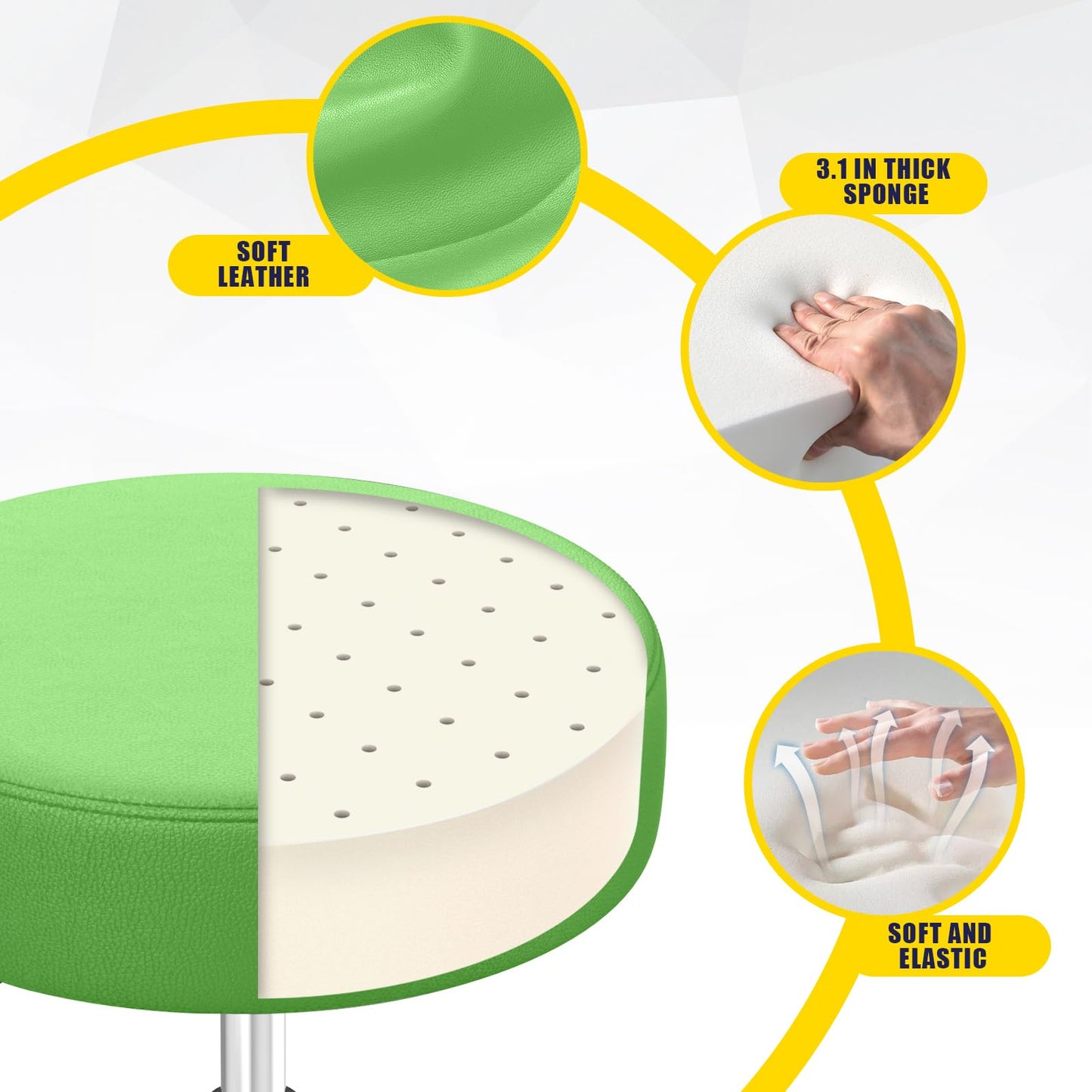Rolling Stool, Heavy Weight Capacity 250lb, PU Leather Rolling stools, Ultra Soft Padded Seat, Rolling Stools with Wheels and Footrest, 360° Swivel, Spa Drawing Salon Work Office Tattoo Stool (Green)
