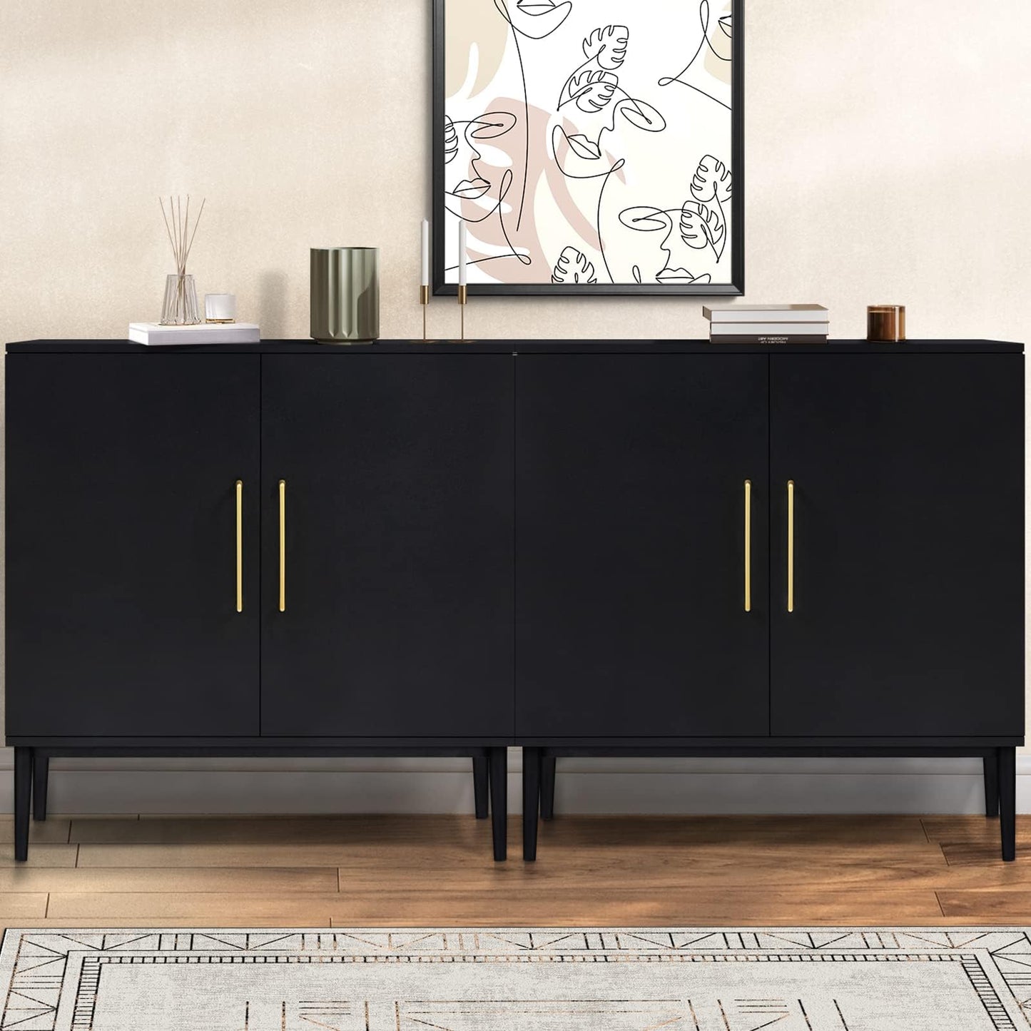 REHOOPEX Set of 2 Storage Cabinet with Doors, Modern Black Accent Cabinet, Free Standing Cabinet, Wooden Buffet Sideboards for Living Room, Kitchen, Home Office