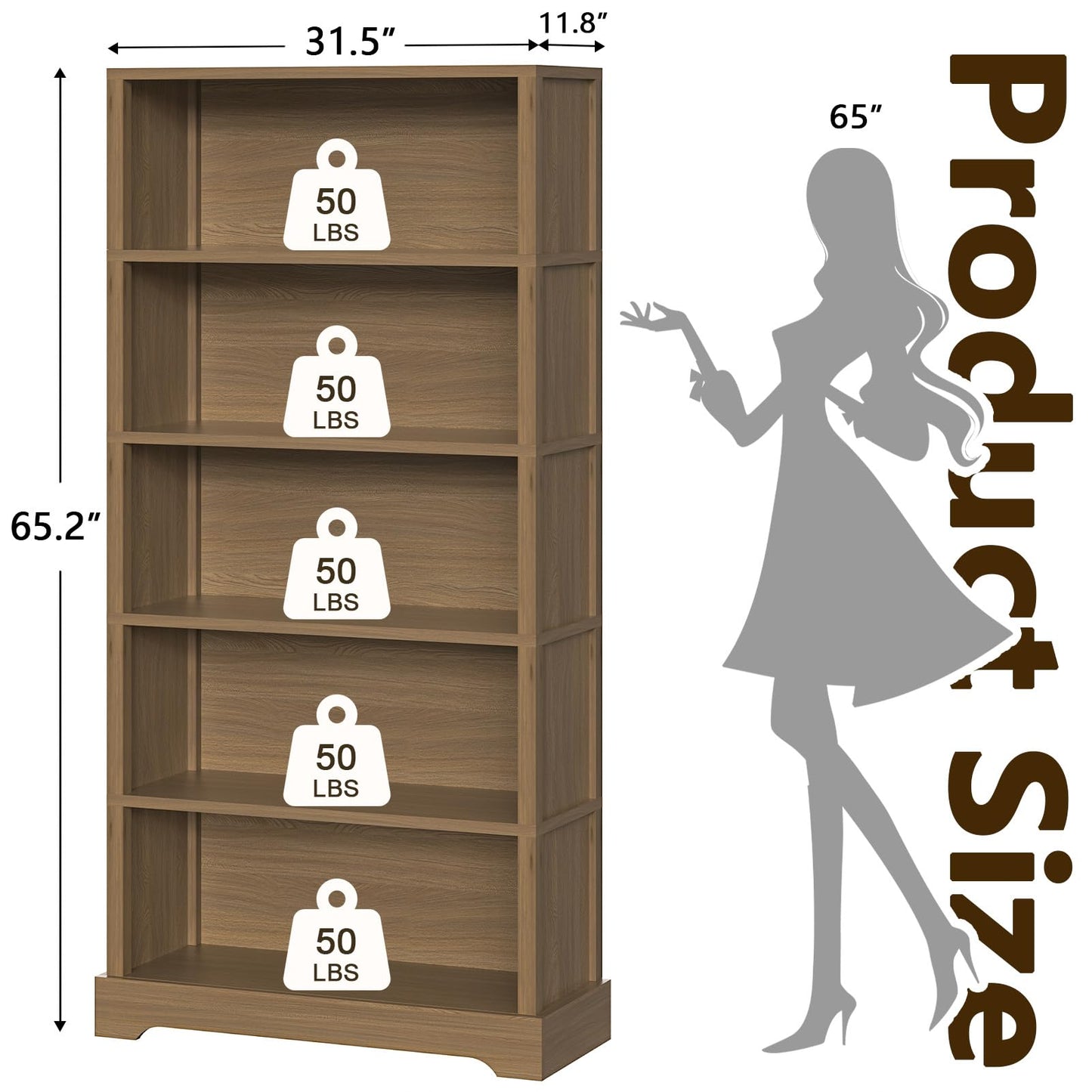 TVU 5-Tier Wooden Bookshelf, 65" Tall Farmhouse Style Open Bookcase, 31.5" W Standing Book Shelf with Storage, Suitable for Study, Living Room, Office, Teak