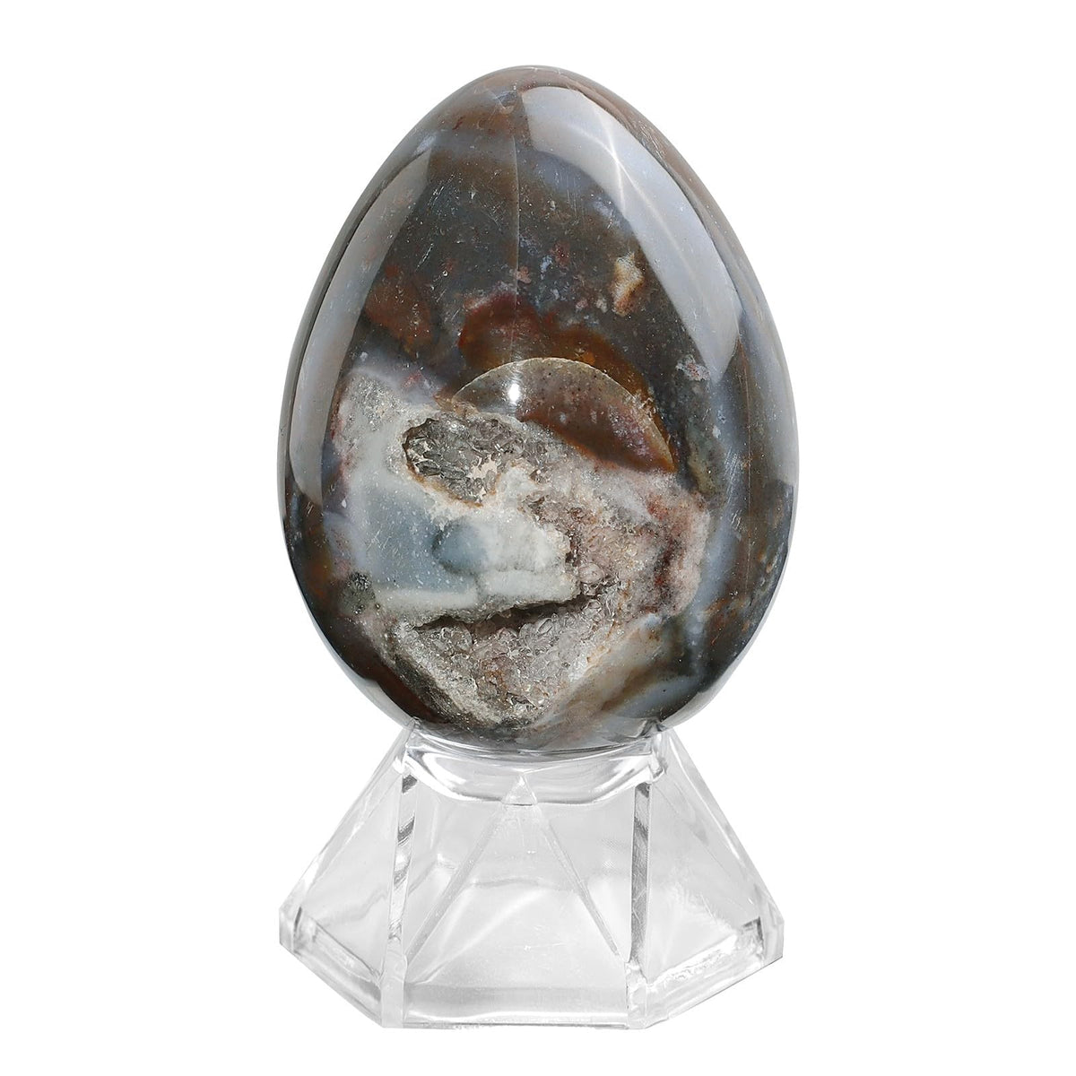 mookaitedecor Natural Ocean Japser Crystal Egg Decor, Polished Geode Stone Egg with Acrylic Stand for Easter Home Tabletop Display, 48-70 mm High, 100-200g