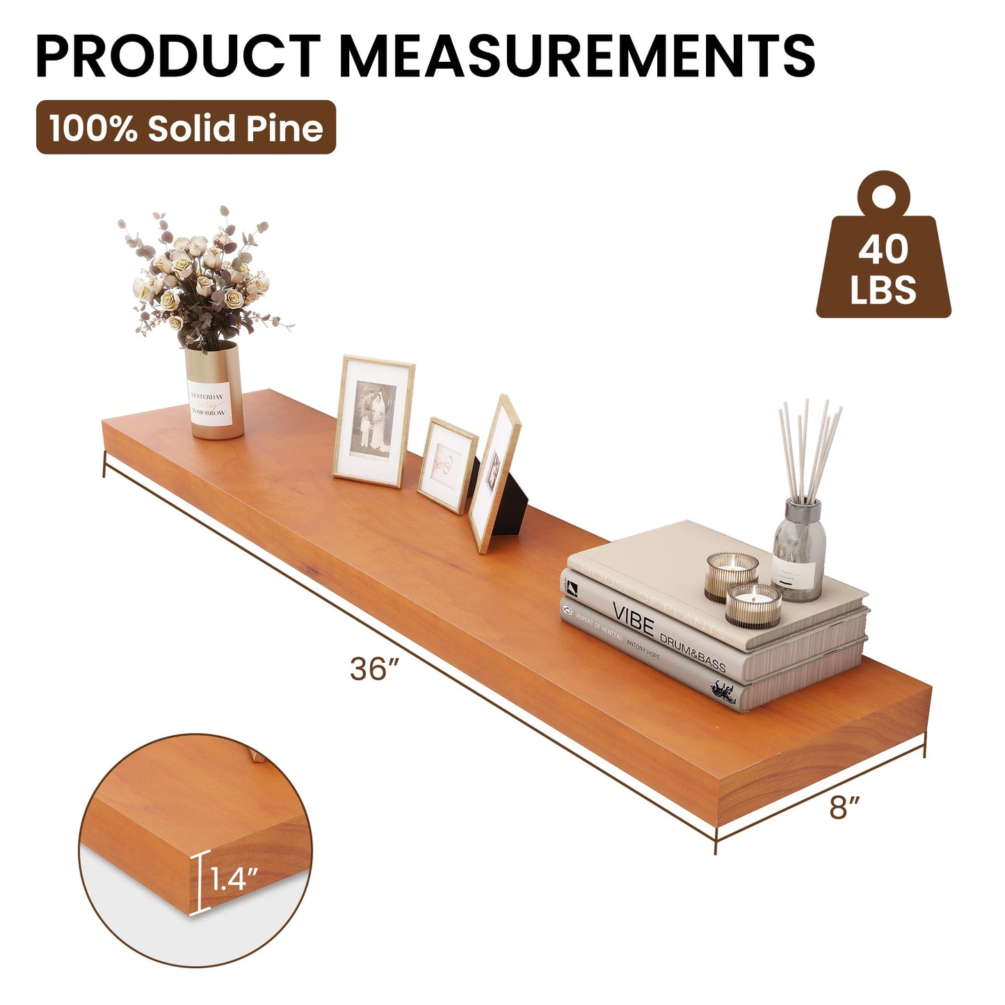Vivelove Solid Wood Floating Shelves 36 Inches Long, 8”Deep x 1.4” Thick Wall Shelves for Bathroom, Living Room, Kitchen, Bedroom, Office, Rustic Farmhouse Home Decor, Set of 2 - Honey Oak