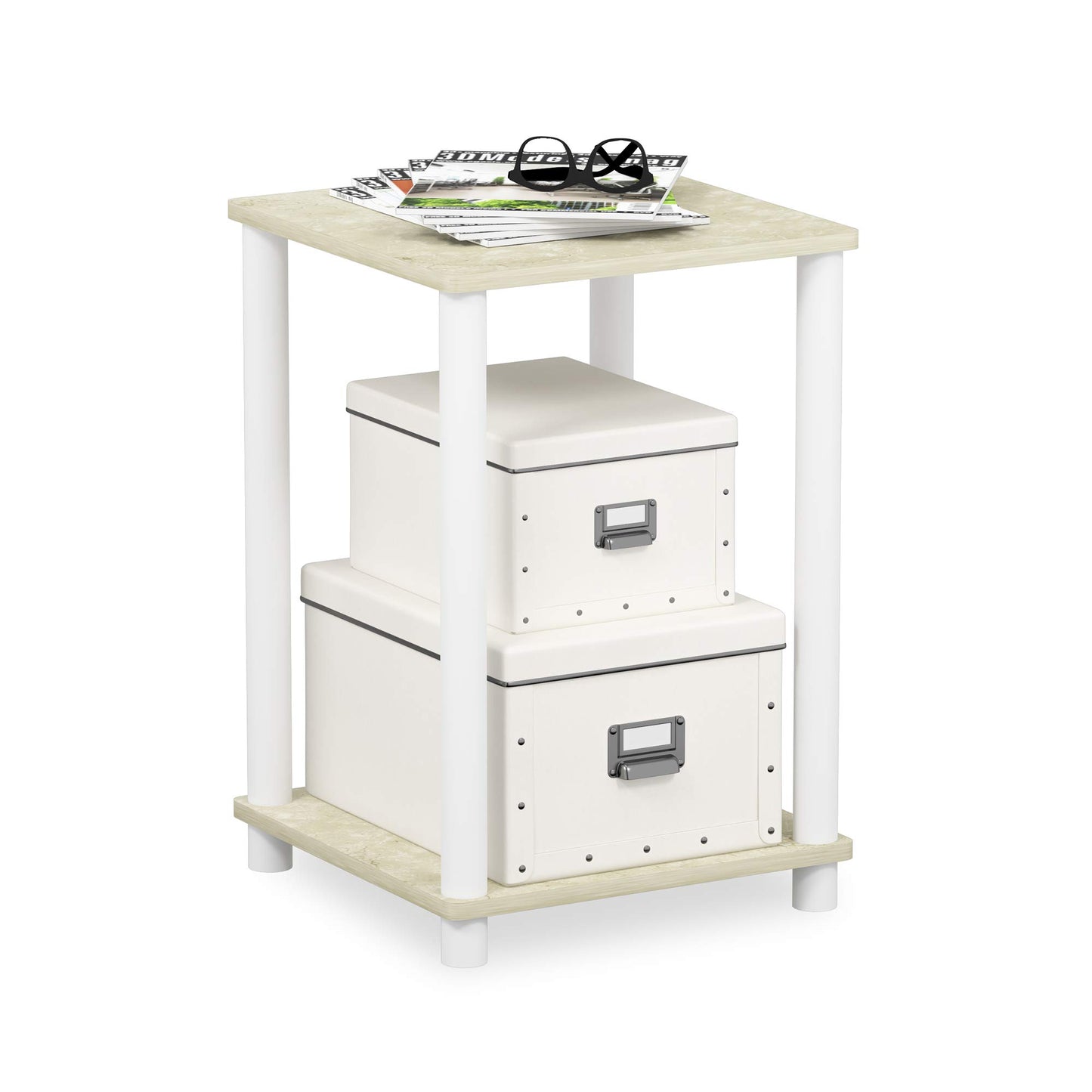 FURINNO Turn-N-Tube Haydn End Table, 1-Pack, Cream Faux Marble/White