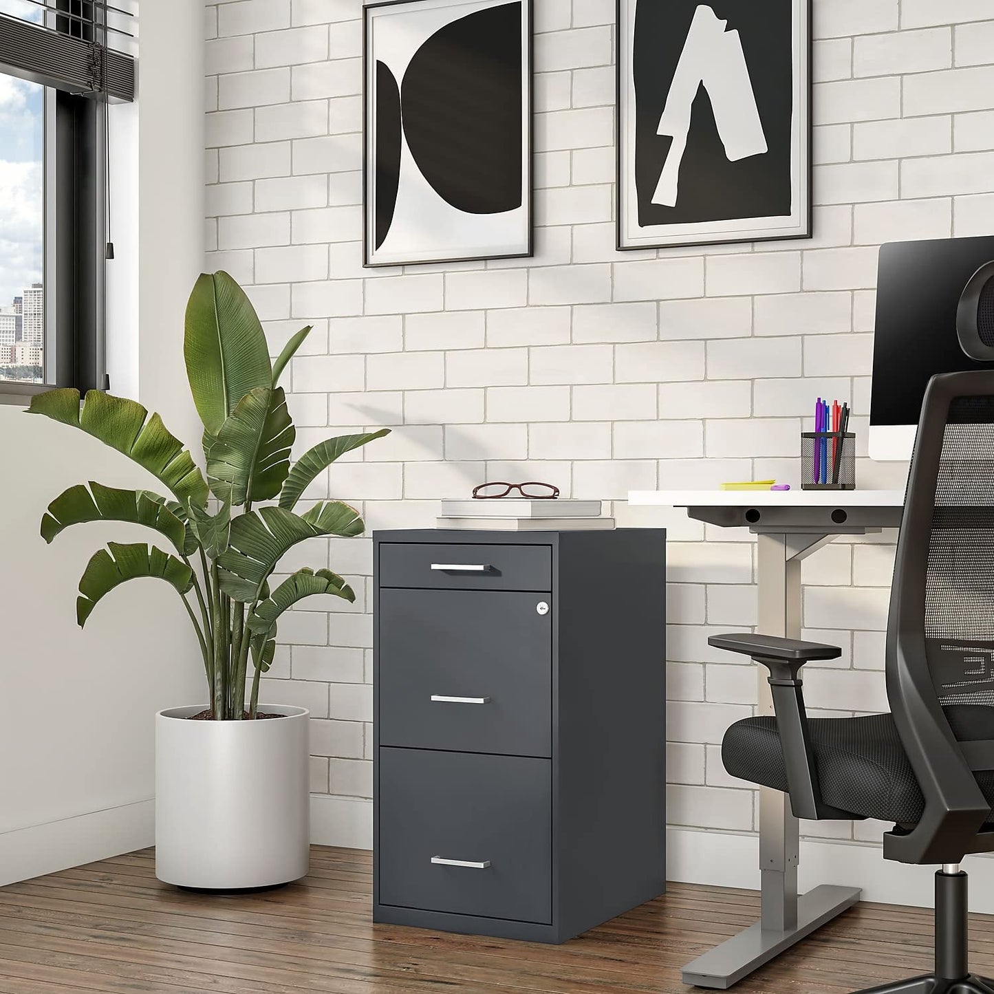 Staples 3-Drawer Vertical File Cabinet, Letter Size Documents, Lockable & Mobile, 18.9" D x 14.3" W x 26.8" H, Charcoal
