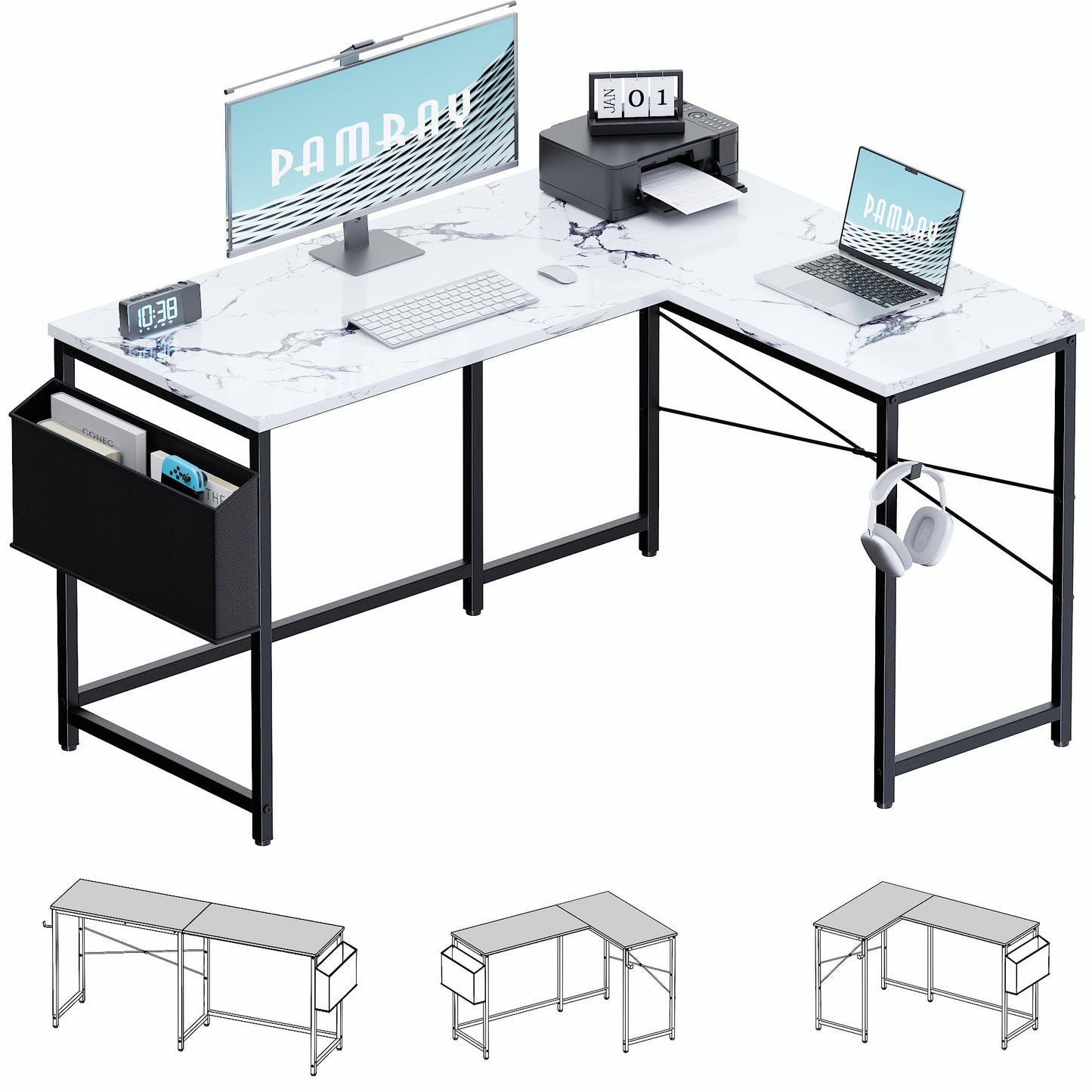 Pamray 47 Inch Reversible L Shaped Gaming Desk Corner Computer Desk with Storage Bag Home Office Table for Writing Study Marble