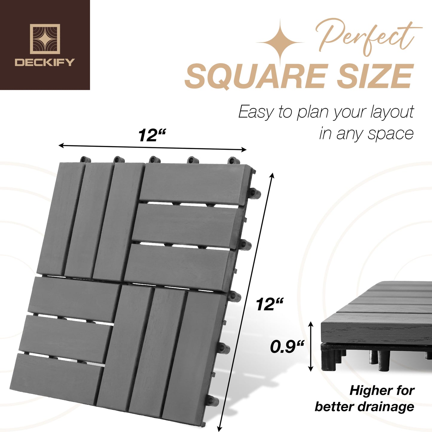 DECKIFY 9Pcs Premium Acacia Wood Interlocking Patio Deck Tiles, 12 x 12 x 0.9 Inch Outdoor Flooring, Waterproof for All-Weather Use – Crossed, Gray