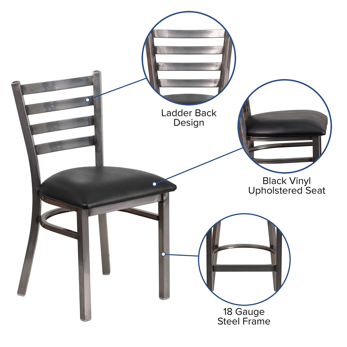 Flash Furniture HERCULES Series Clear Coated Ladder Back Metal Restaurant Chair - Black Vinyl Seat