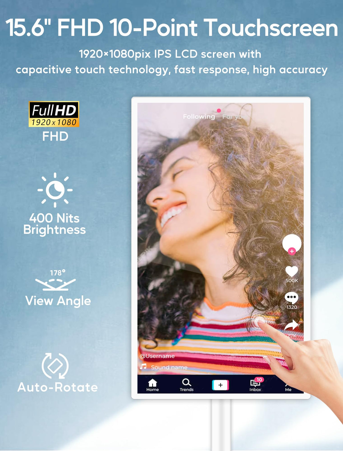 15.6" Digital Signage with 10000mAh Battery, Capacitive Touchscreen Advertising Display, Adjustable Stand, Android 13 Commercial LCD Monitor with Auto Play, Wireless Screen Mirroring, 4+64GB, White