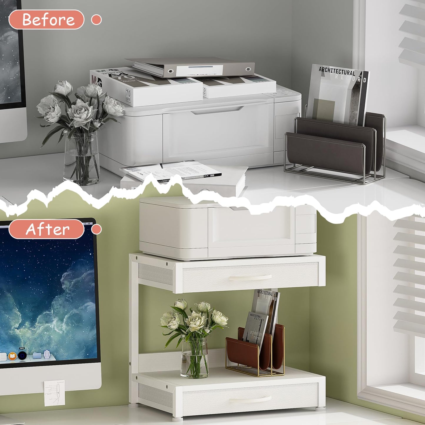 VENNQD 2-Tier Desktop Printer Stand with 2 Fabric Drawers, Prtiner Table with Storage Shelf, Desk Organizer for Home Office,3D Printer,Fax Machine,Scanner (White, 2 Tier)