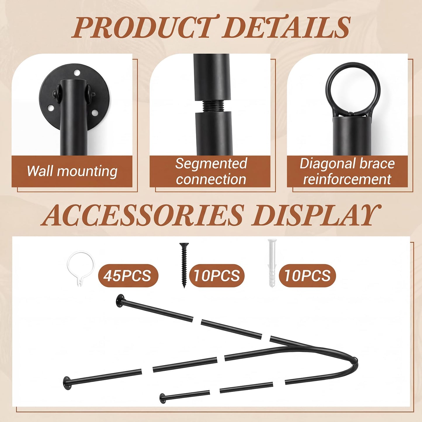 Zonon Black U Shaped Room Divider Curtain Rod 90.55" x 47.24" Rod with Ceiling Support Curtain Track, Privacy Divider, for Beauty Salon, Fitting Room, Hospital, Hotel (No Curtains)