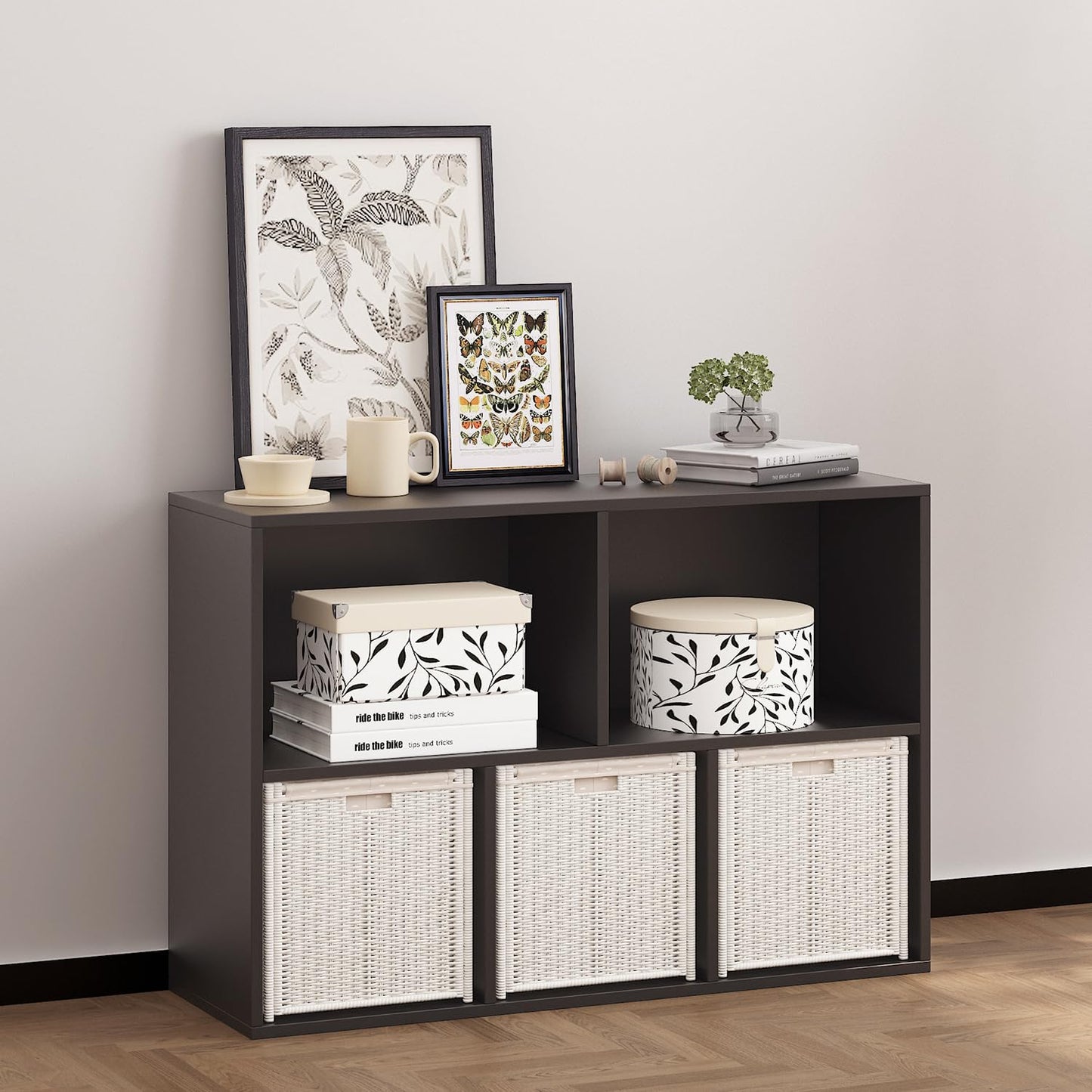 NewBeth Wooden 5 Cube Storage Organizer with Closed Back Panel, Black Cube Shelf Heavy Duty Cubby Storage Organizer with Compartments for Living, Display Shelf