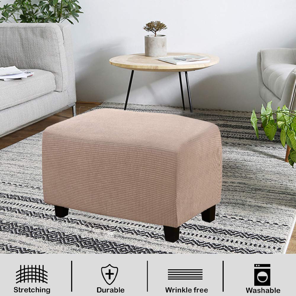 VIENLOVE Rectangle Ottoman Slipcover Polyester Blend Footstool Protector Covers Stretch with Elastic Bottom Feature Textured Machine Washable Jacquard Fabric (Beige, Large)