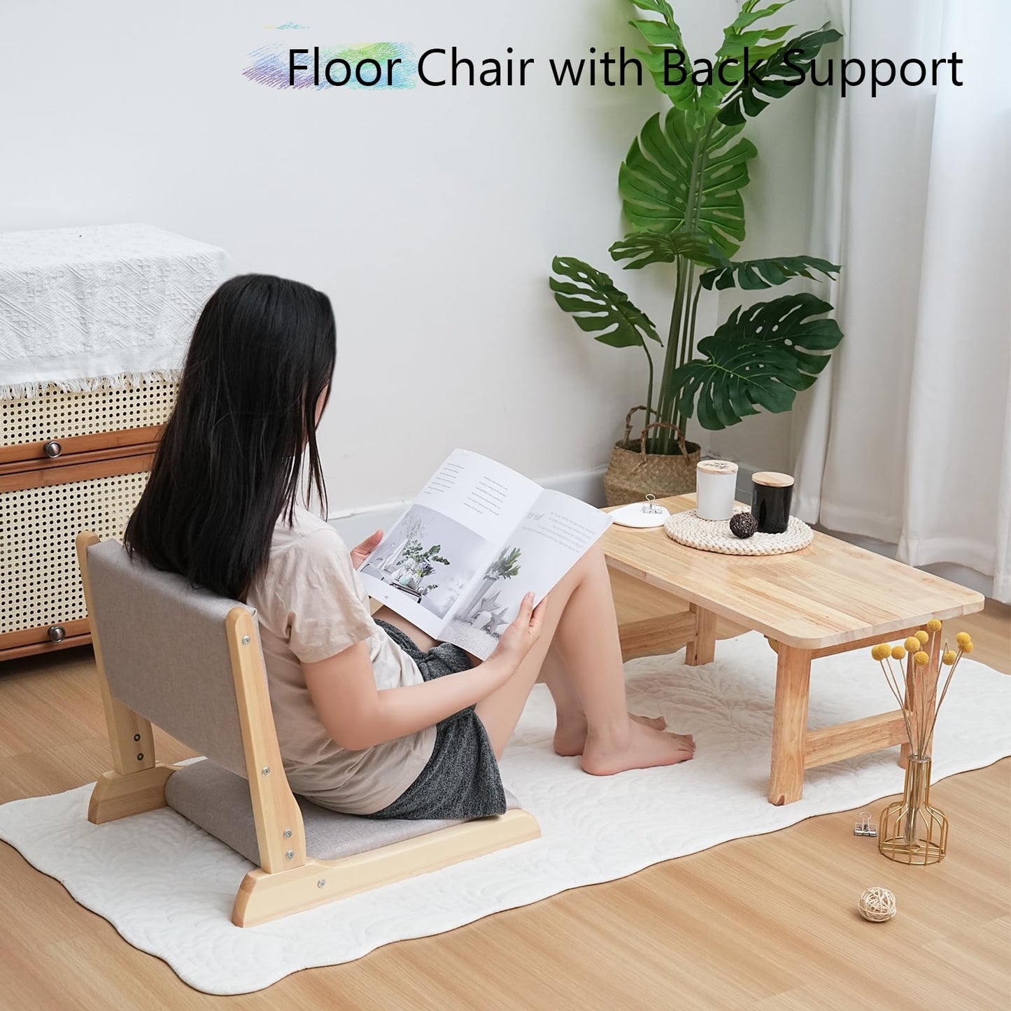 YOUKEEJOJO Japanese Floor Chair with Back Support, Foldable Meditation Chair, Legless Tatami Chair with Cushion, Floor Seat for Living Room, Bedroom, Bay Window (1, Gray)