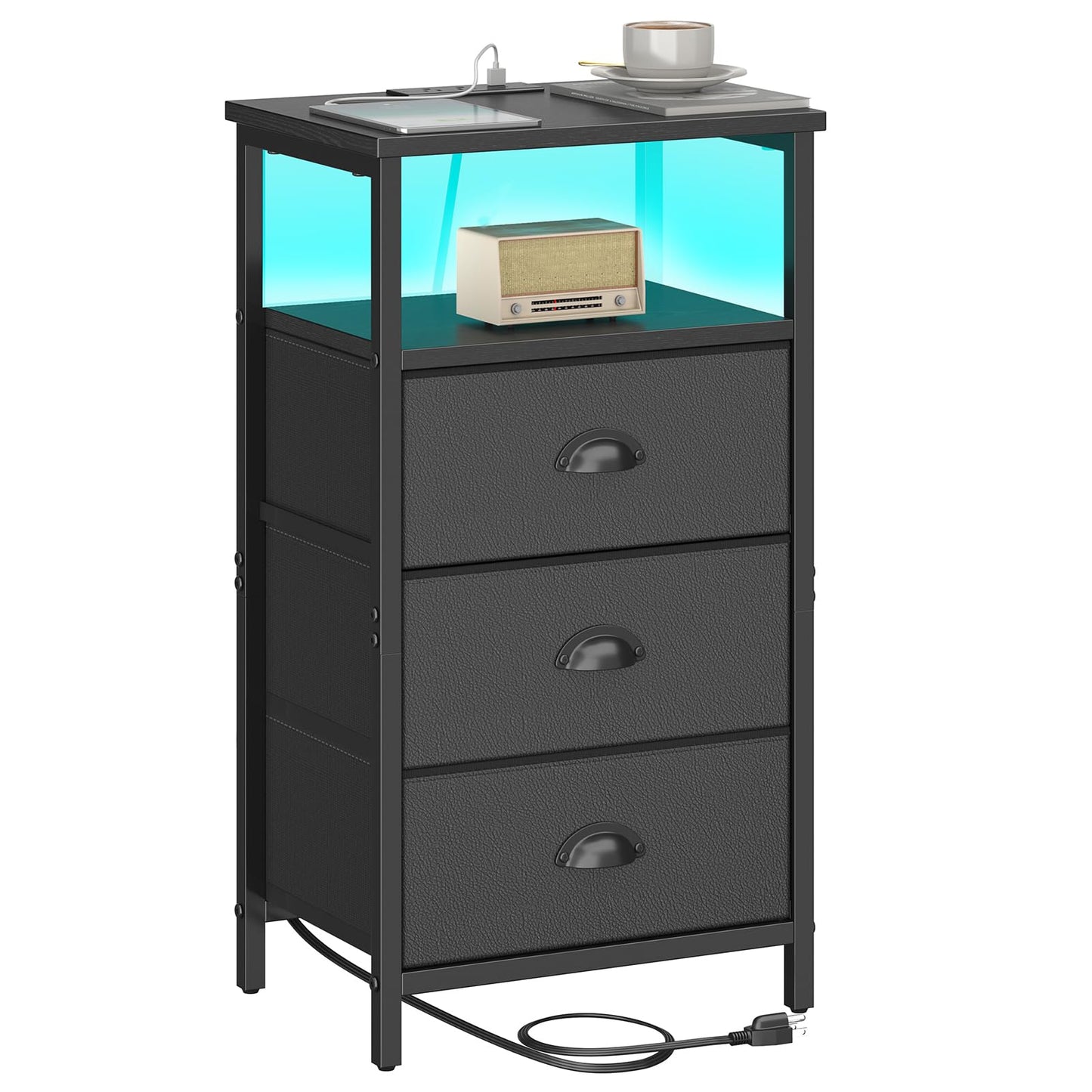 sthmec Nightstand with Charging Station,LED Black Nightstand with 3 Fabric Drawers PU Finish, Bedside End Tables, 2-Tier Open Storage Shelf Side Table Nightstand with Drawers for Bedroom,Black