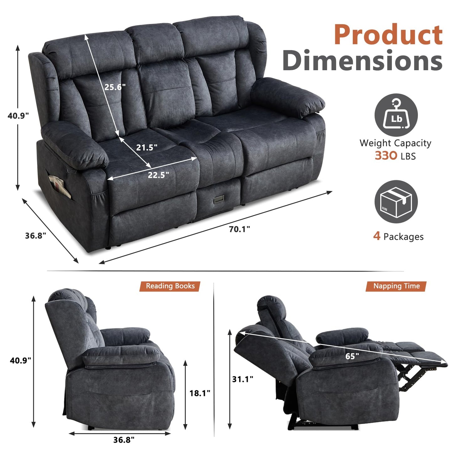 AHMED Loveseat Recliner Sofa with Console, Manual Reclining Loveseat RV Couch with Cup Holders/Side Pocket/Padded Armrest Cushion for Living Room, Velvet, Grey