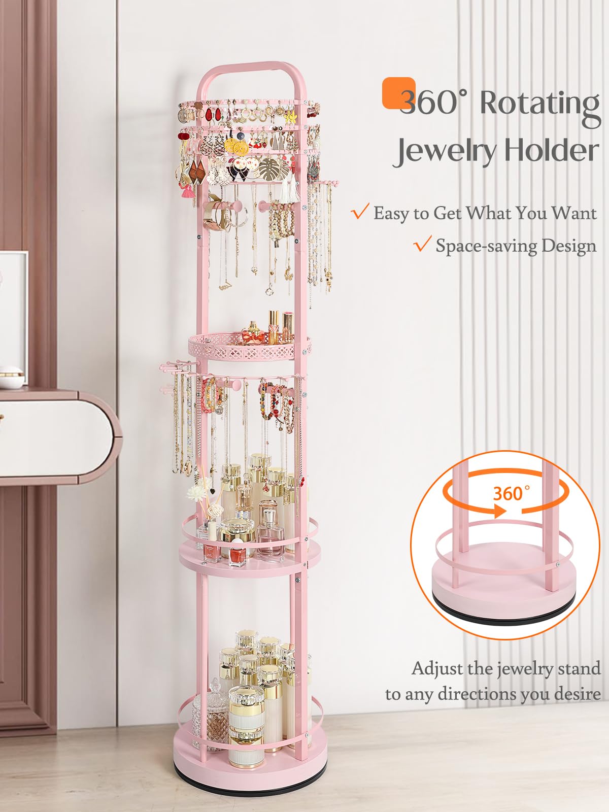 Jewelry Holder Organizer, Floor Jewelry Organizer with Earring Organizer Necklace Holder, Rotating Jewelry Stand Necklace Display Earring Storage, Large Hanging Jewelry Tree for Jewlery Bracelet Ring