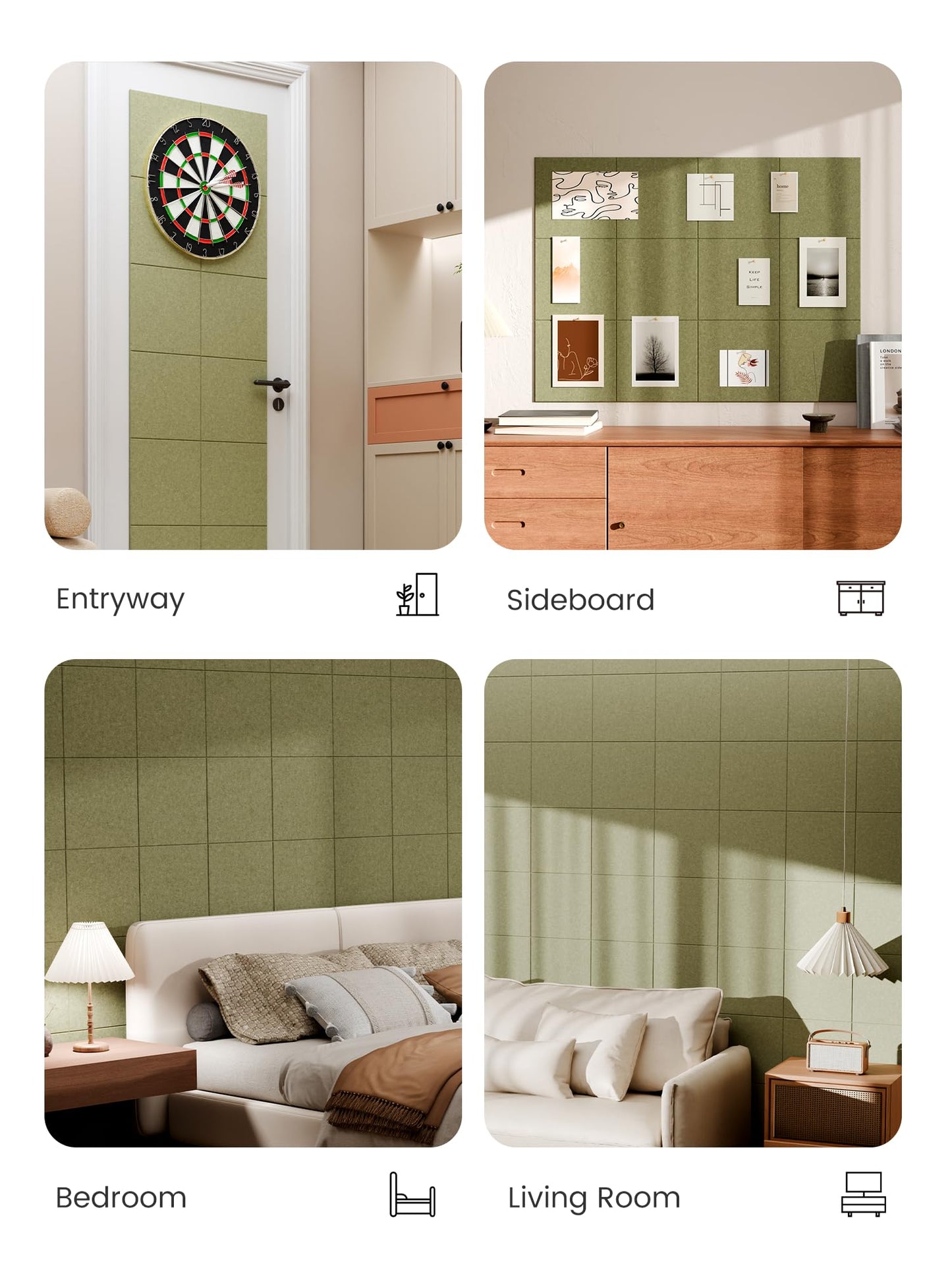 Bumusty Large Cork Board 48" x 36" Alternative - 12 Pack Felt Wall Tiles with 70 Safe Removable Adhesive Tabs, 30 Pushpins, Cork Boards for Walls Pin Board Bulletin Board Office Decor (Olive Green)