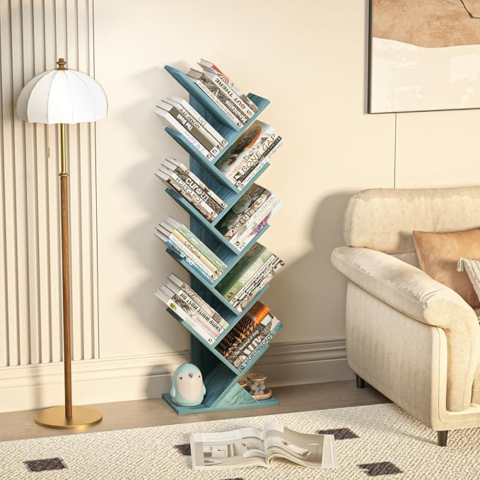 SHEEPAM 10 Tier Tree Book Shelf, Floor Standing Wood Bookshelf