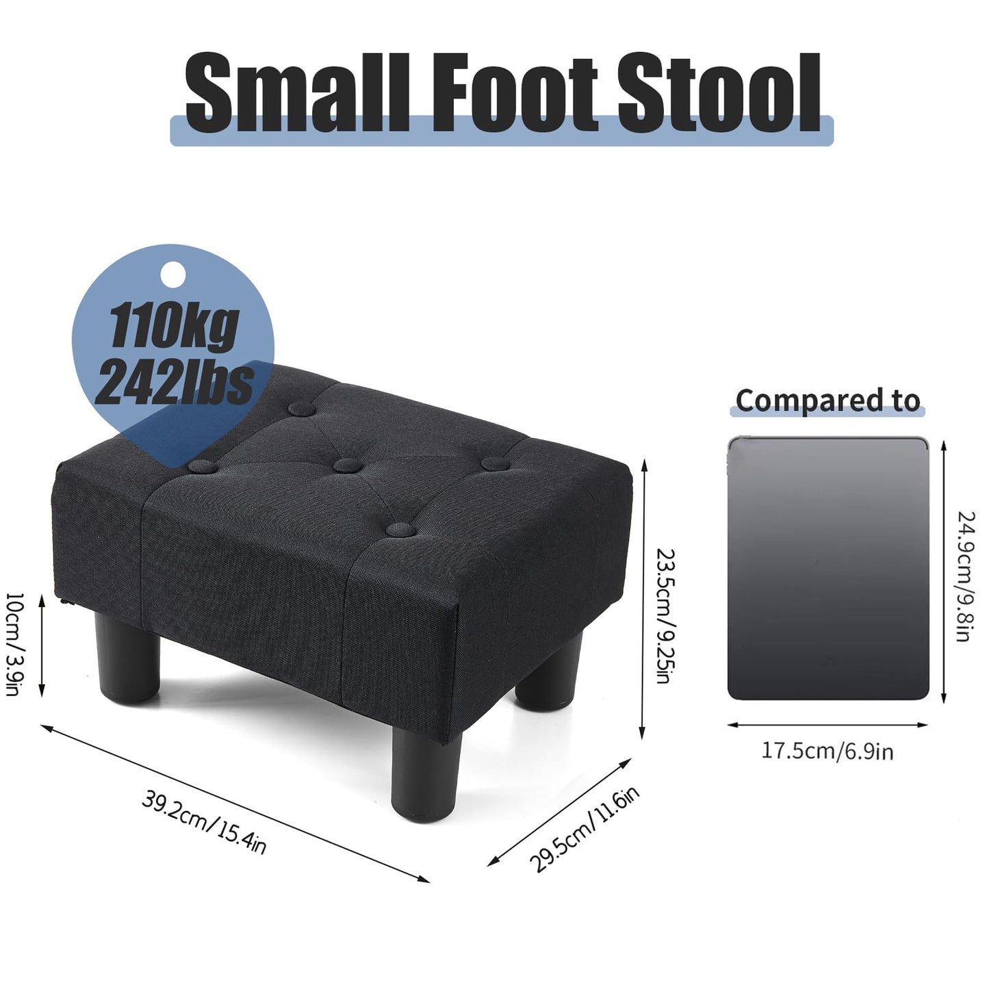 BRIAN & DANY Small Foot Stool, Linen Foot Stools with Legs, Stable Small Footstool for Living Room, Black