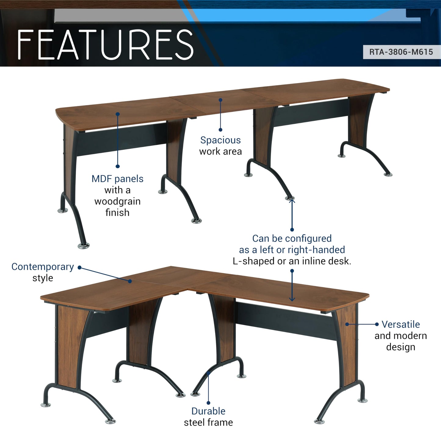 Deluxe L Shaped Desk, Corner Desk Configurable as Left/Right-Handed L-Desk or Inline Desk, Durable Steel Frame with Spacious Work Area, Walnut and Grey
