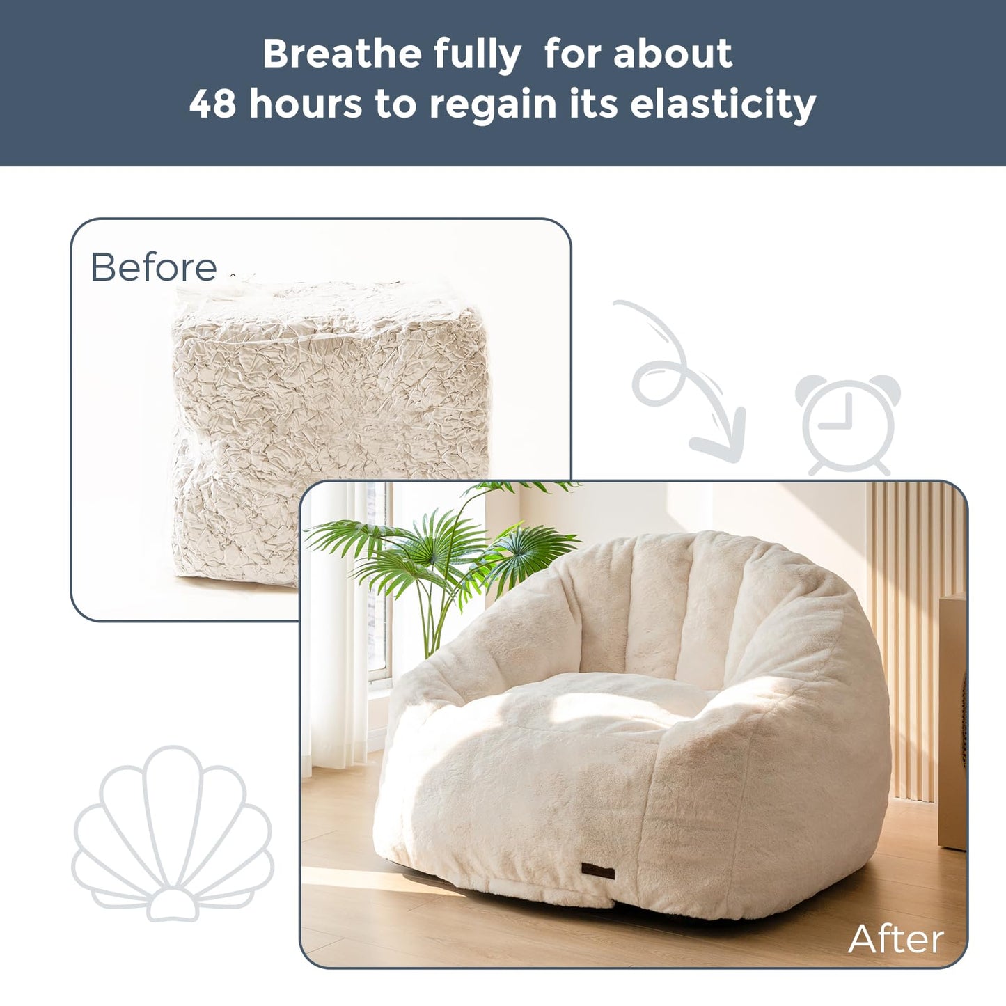 MAXYOYO Giant Bean Bag Chair, Oversized Bean Bag Couch for Adults and Kids, Faux Fur Shell-Shaped Large Chair with Filler, Stuffed Big Accent Sofa Lounge Floor Sofa for Reading, Beige, Standard