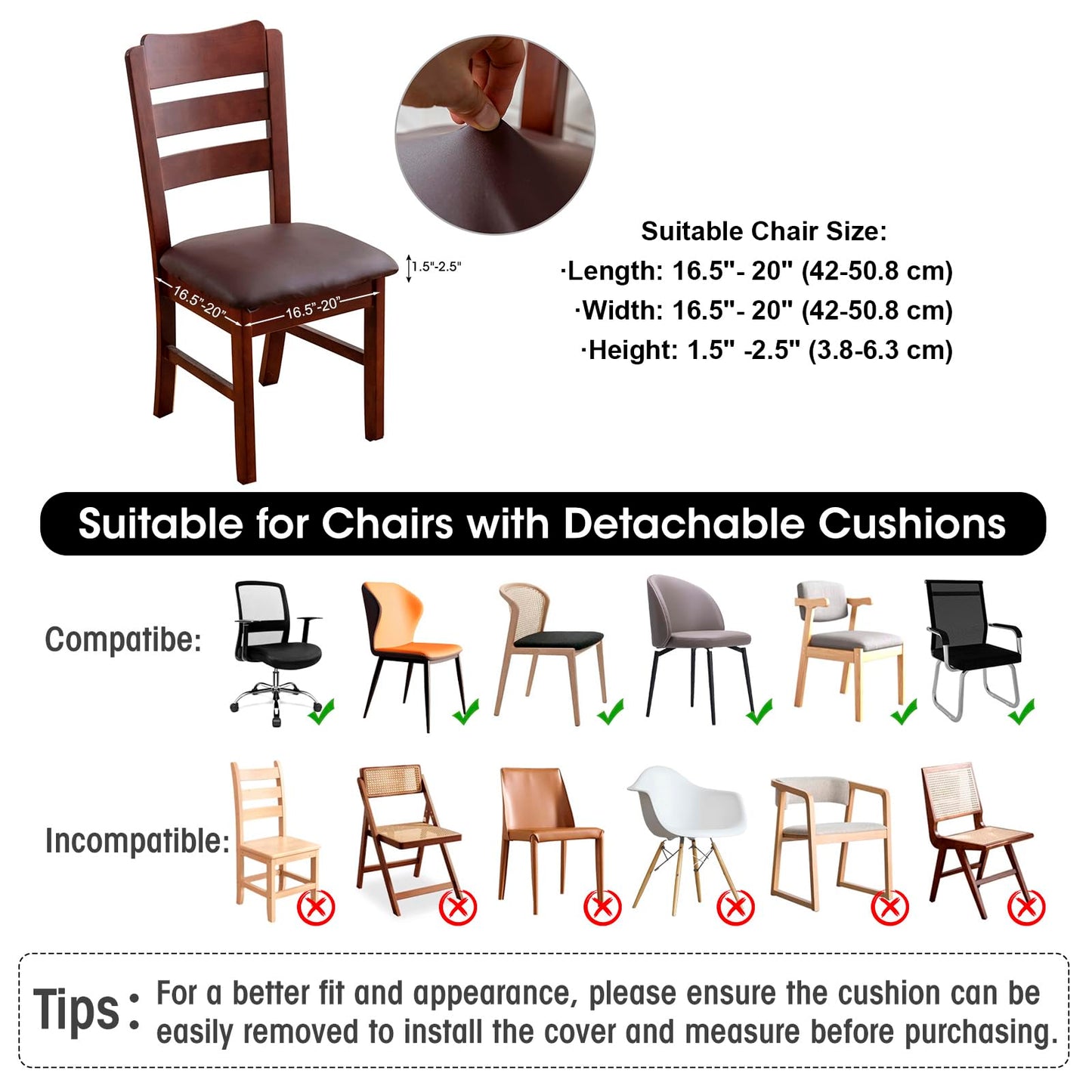 YUEANG Waterproof PU Leather Seat Covers for Dining Room Chairs Set of 6, Stretch Dining Chair Slipcovers, Kitchen Chair Seat Covers, Non-Slip & Washable (Brown)