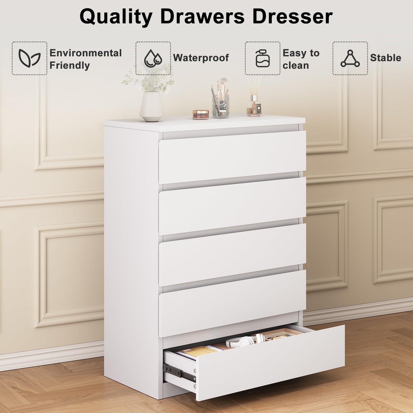 Jocoevol White 5 Drawer Dresser for Bedroom, 15" D x 23.7" W x 40.4" H in Simply Modern Chest of Drawers, Wood Storage Dresser with Deep Drawers for Living Room Hallway Entryway, White