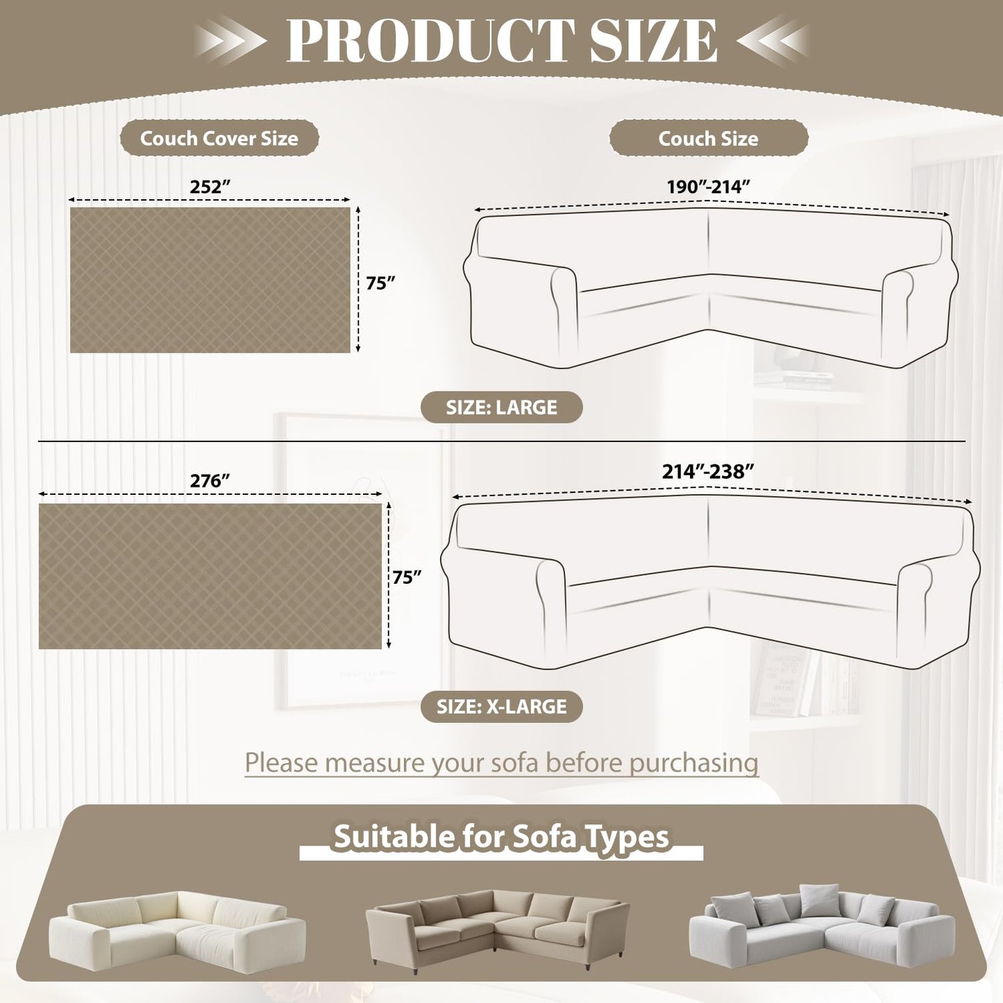 HYZOTEX Waterproof Sectional Couch Covers Sectional Sofa Cover L Shaped Corner Sofa Slipcovers Blanket for Dogs Pets Washable Jacquard Quilted L Shape Furniture Protector (75x252 in, Cream White)