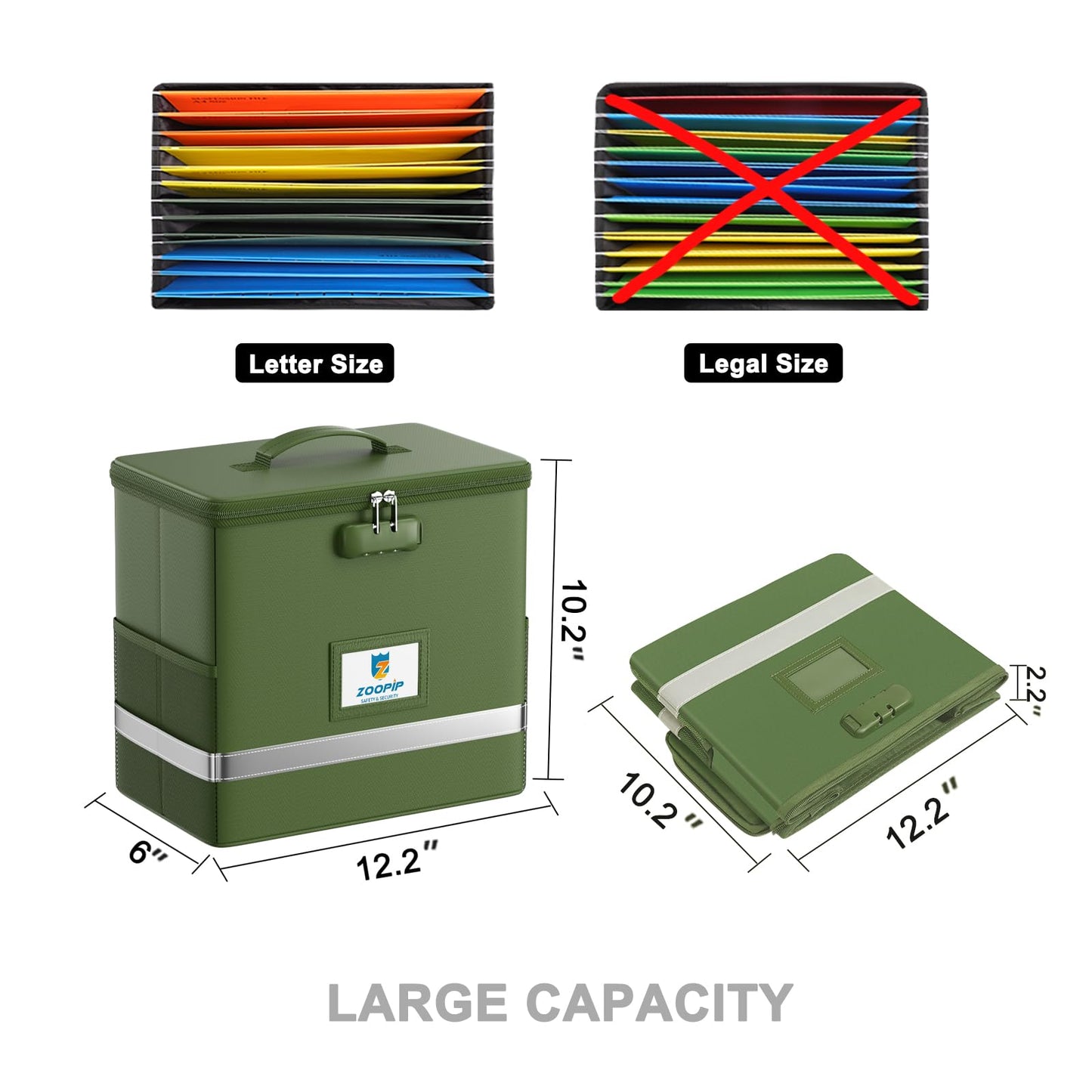 ZOOPIP Fireproof File Box with Lock, Document Box Storage Organizer, Suitable for Hanging File Folders in Letter Size, Collapsible File Box, Reflective Strip for Fast Find (12.2"*6"*10.2, Green)