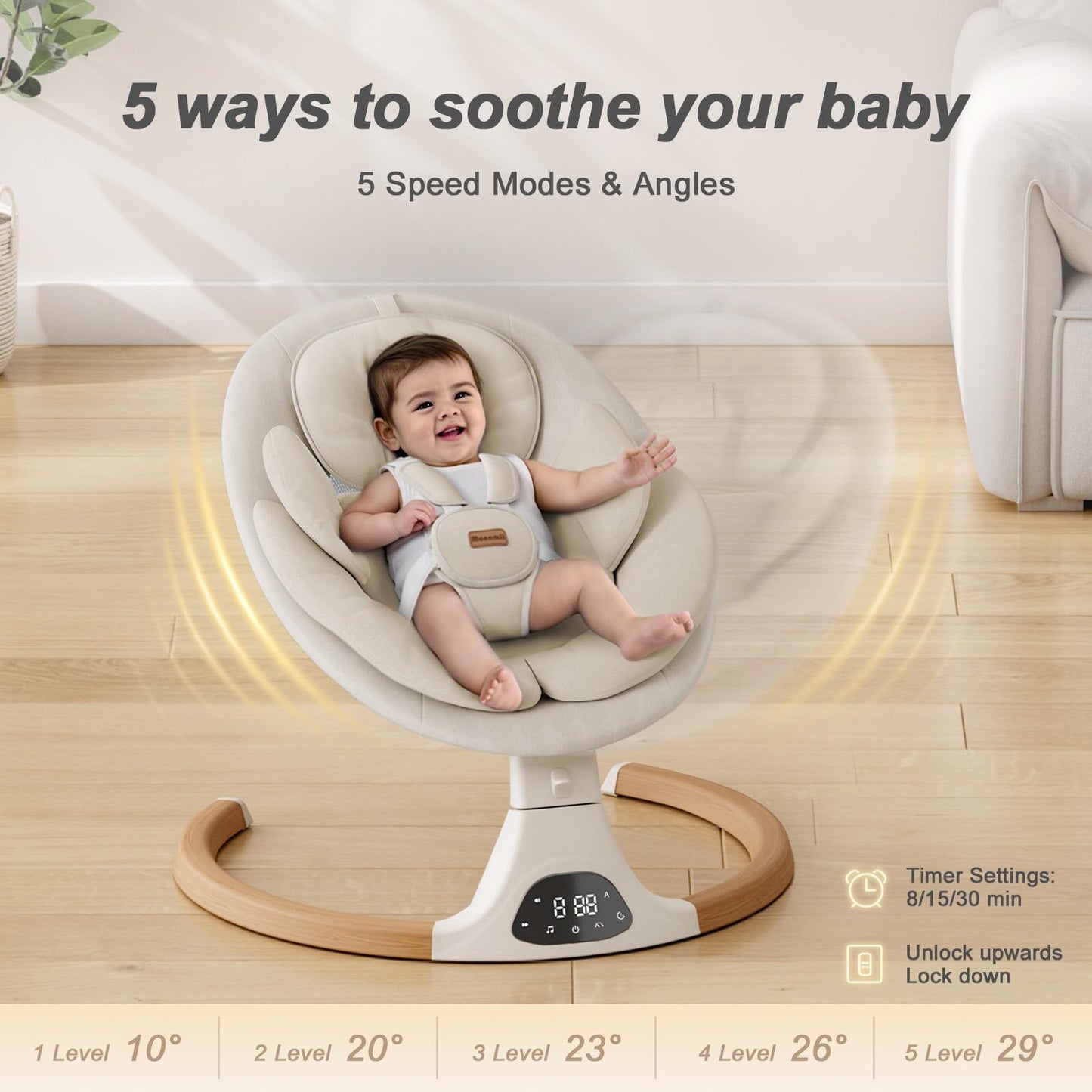 Baby Swings for Infants, Monamii Baby Swing, Bluetooth Infant Swing with Music Speaker, 5 Speeds and Remote Control, Indoor & Outdoor Use (Beige)