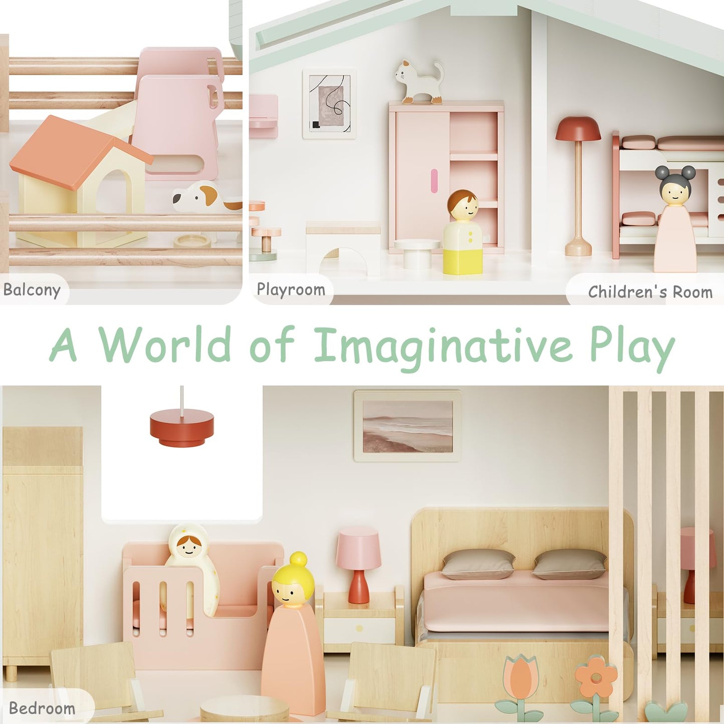 Fabuday Modern Wooden Dollhouse for Kids Girls - 8 Rooms Doll House Playset, DIY Pretend Toy Play Houses Kits with 81 Pcs Furniture Accessories, Dolls & Pets, Gift for Toddlers Ages 3+